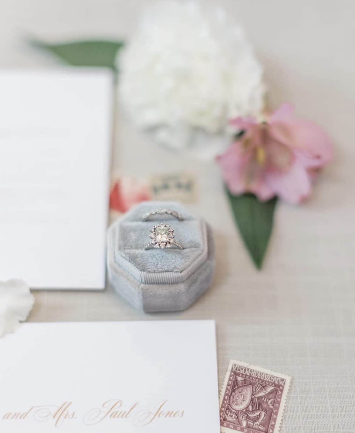 BLUTETE Velvet 2 Slots Jewelry Ring Box - Octagon Engagement Wedding Keepsake Box for Bridal Photos, Double Ring Holder (Grey) | Perfect for Proposals, Vow Renewals & Anniversary Gifts