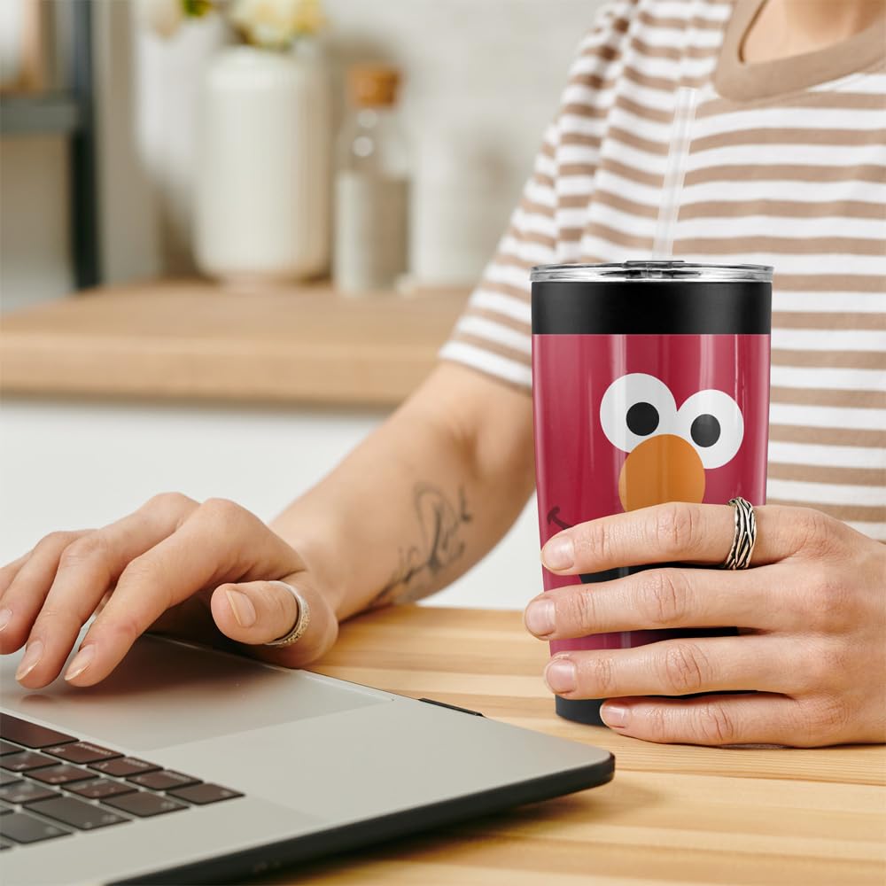 **Sesame Street Elmo Stainless Steel Tumbler 20oz - Vacuum Insulated Travel Mug with Straw & Flip Lid, Double Wall Leakproof Design - Perfect for Iced Coffee, Hot Tea, and On-the-Go Drinks**
