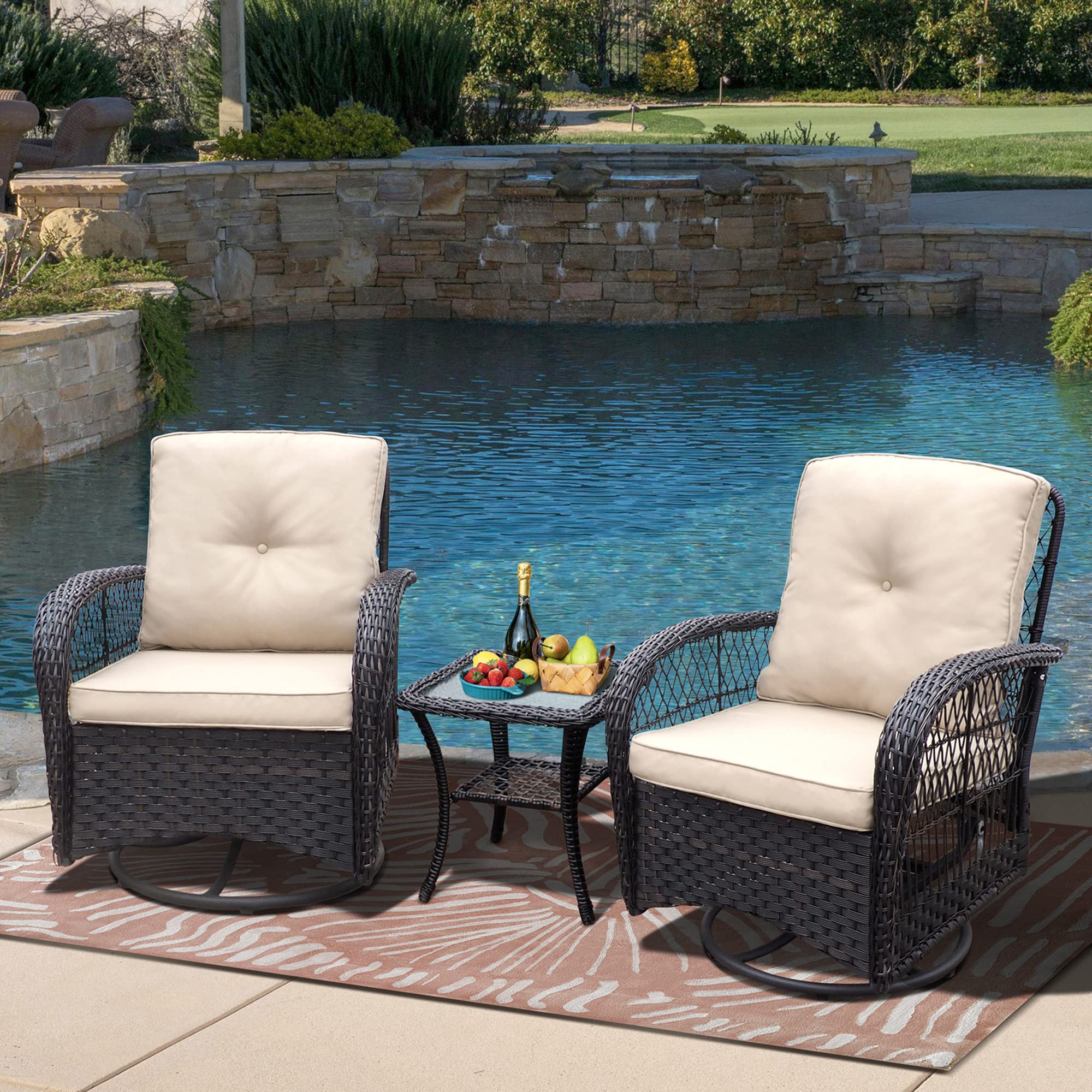 Premium 360° Swivel Wicker Rocker Patio Chairs Set of 3 with Coffee Table & Cushion - Indoor/Outdoor Rattan Bistro Furniture for Porch, Garden & Backyard Relaxation