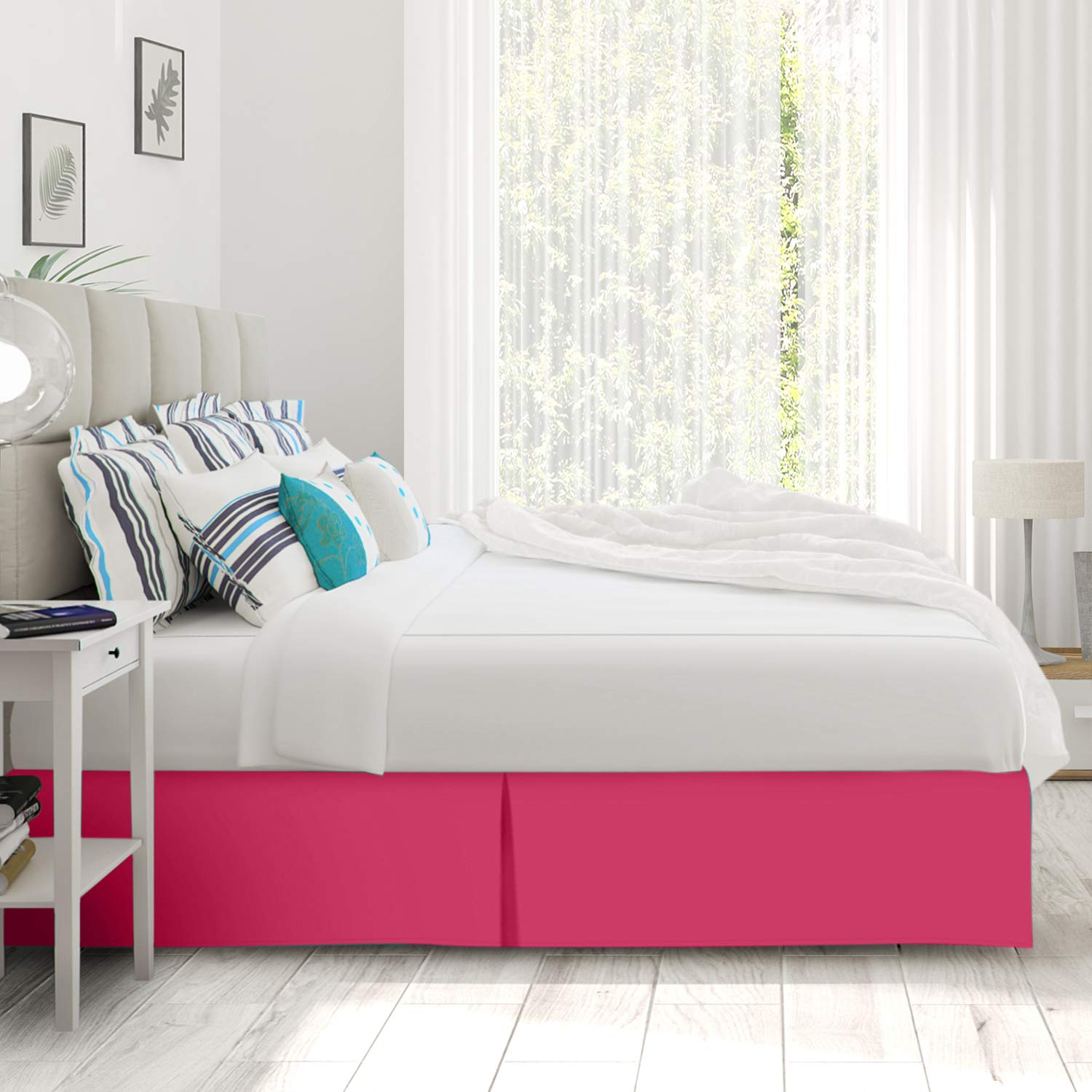600 Thread Count Pure Cotton Pleated Bed Skirt - Full Size Split Corner Box Pleated Design with 18 Inch Drop - Luxury Bedding Accessory for Master Bedroom or Guest Room - Hot Pink