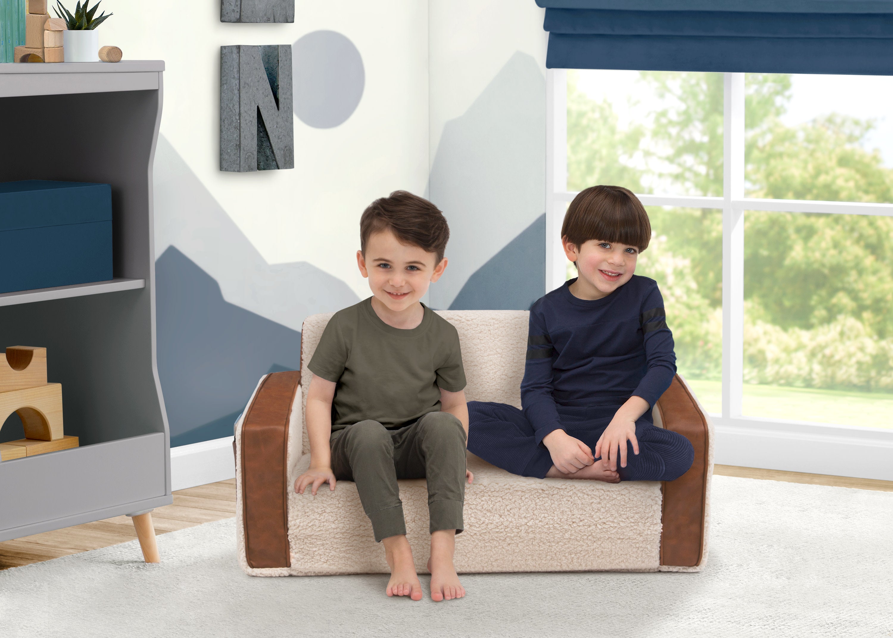 Cozee Flip Out Sherpa and Leather 2-in-1 Convertible Sofa to Lounger for Kids - Perfect for Playrooms, Bedrooms, and Family Movie Nights