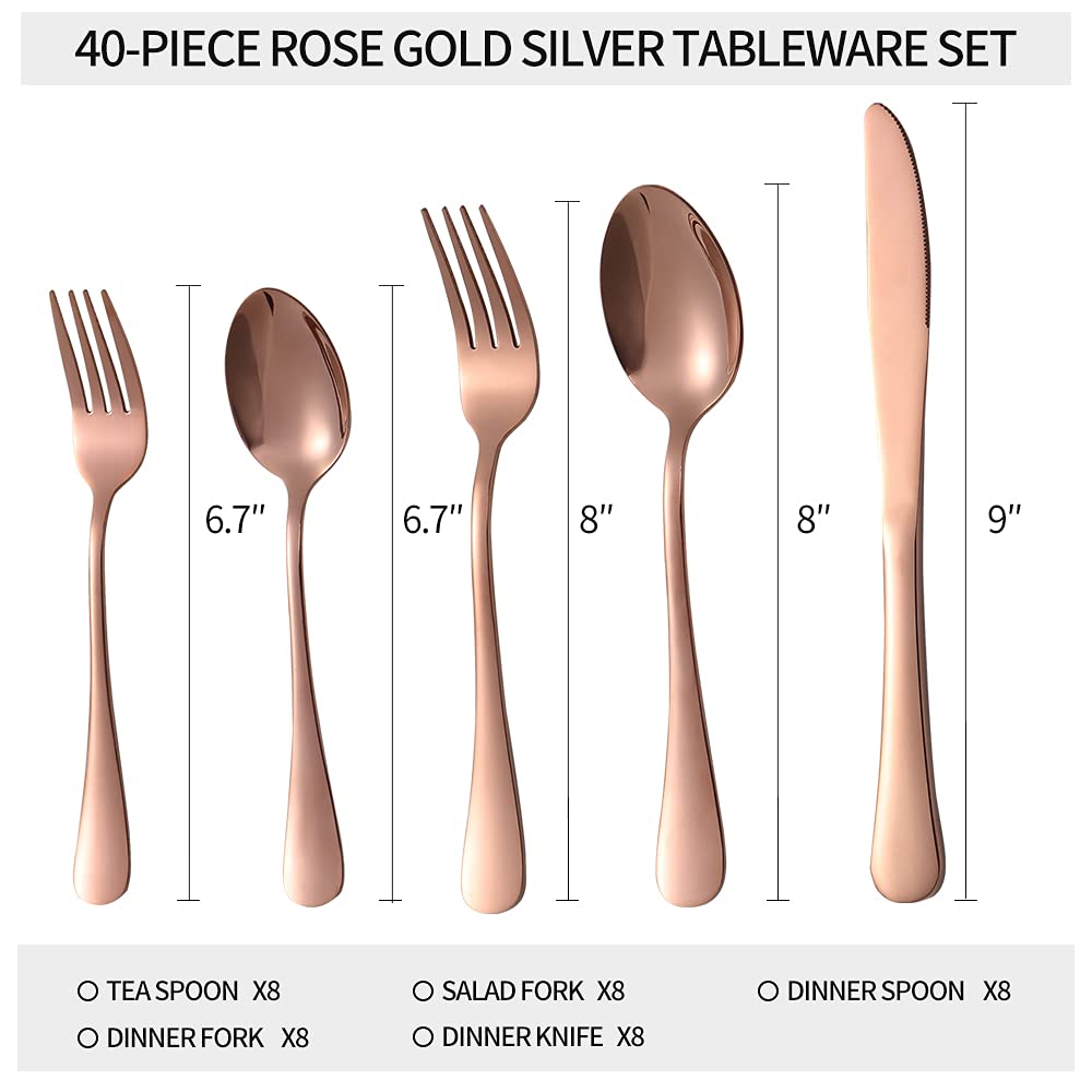 40-Piece Rose Gold Silverware Set - Stainless Steel Flatware Cutlery Set for Home, Kitchen, Restaurant & Hotel - Service for 8 - Dishwasher Safe - Elegant Tableware for Dining, Parties & Special Occasions
