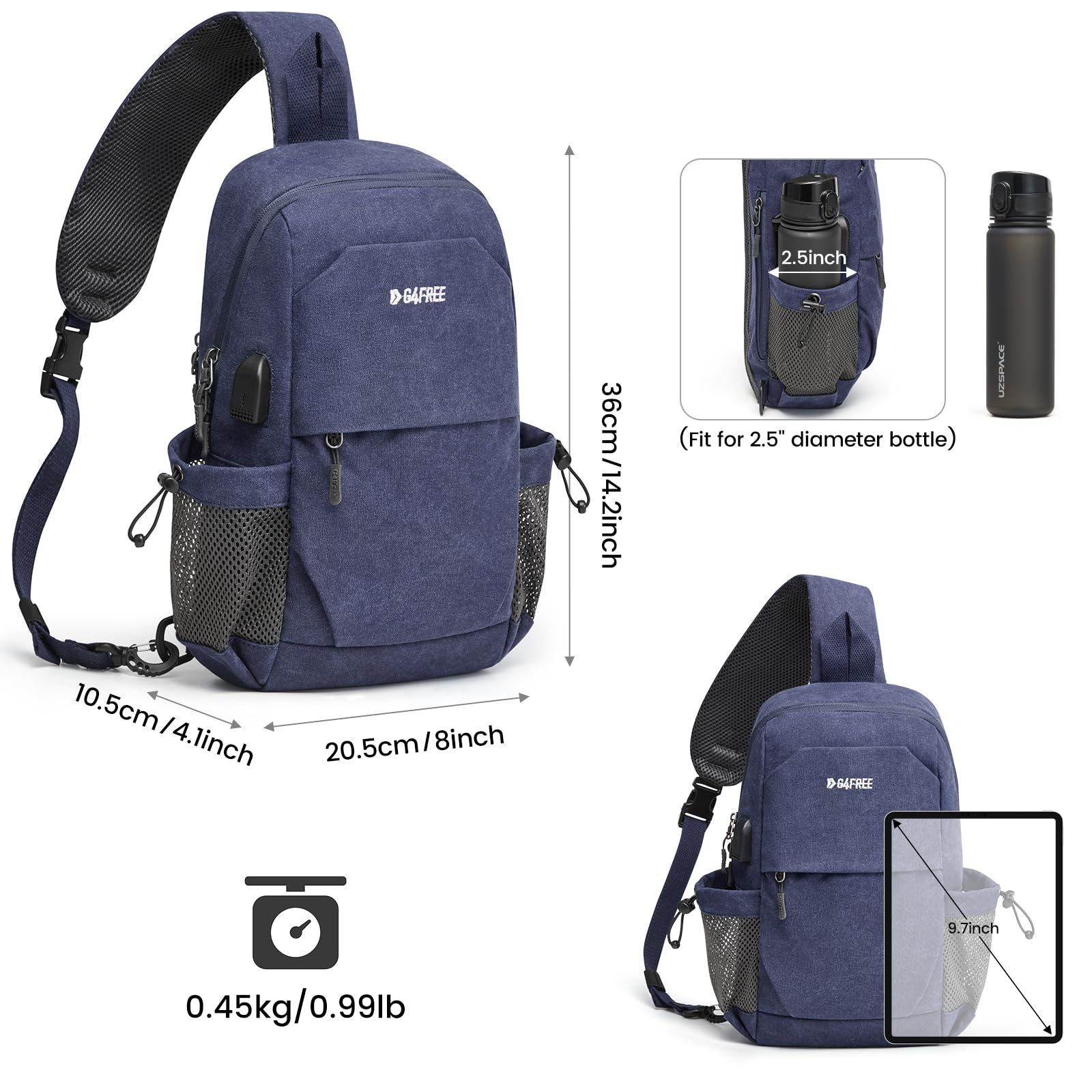 G4Free Anti-Theft Canvas Sling Bag with USB Charging Port - Crossbody Backpack Shoulder Bag for Men & Women - Perfect for Travel, Hiking, Commuting and Daily Use