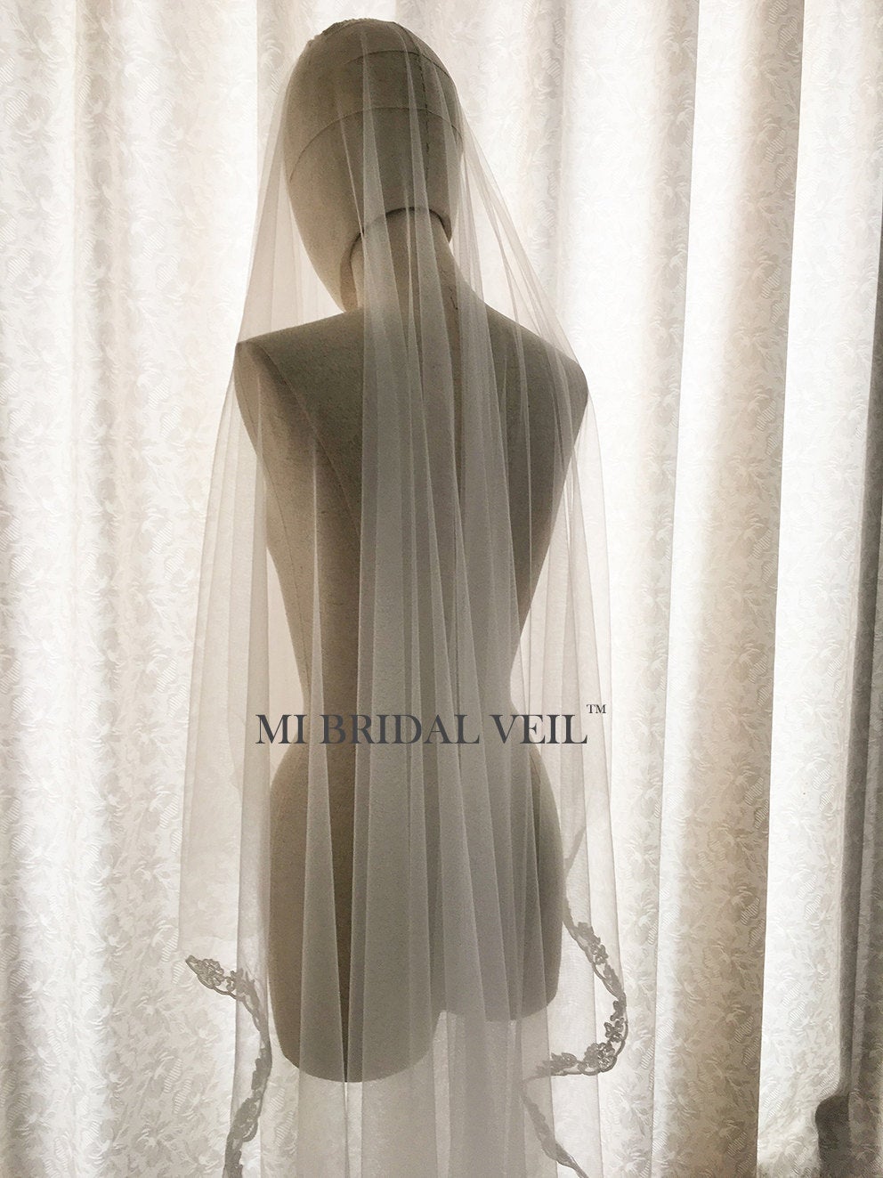 Elegant Cathedral Lace Wedding Veil with Blusher | Fingertip Length Lace Bridal Veil | Perfect for Church Weddings & Formal Ceremonies