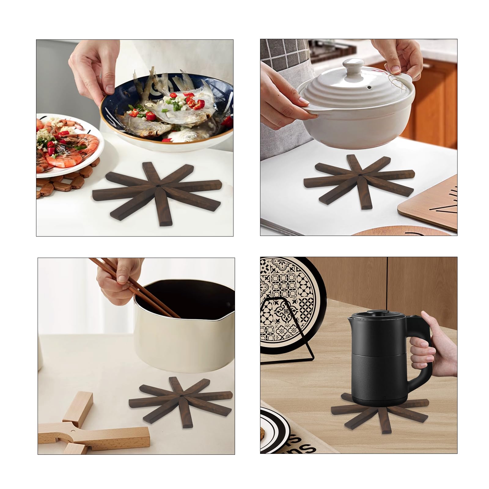 Black Walnut Wooden Trivet Set - 3 Tree-Shaped Hot Dish Coasters with Stand for Pots, Pans & Serving Dishes - Perfect for Kitchen, Dining Table & Outdoor BBQ