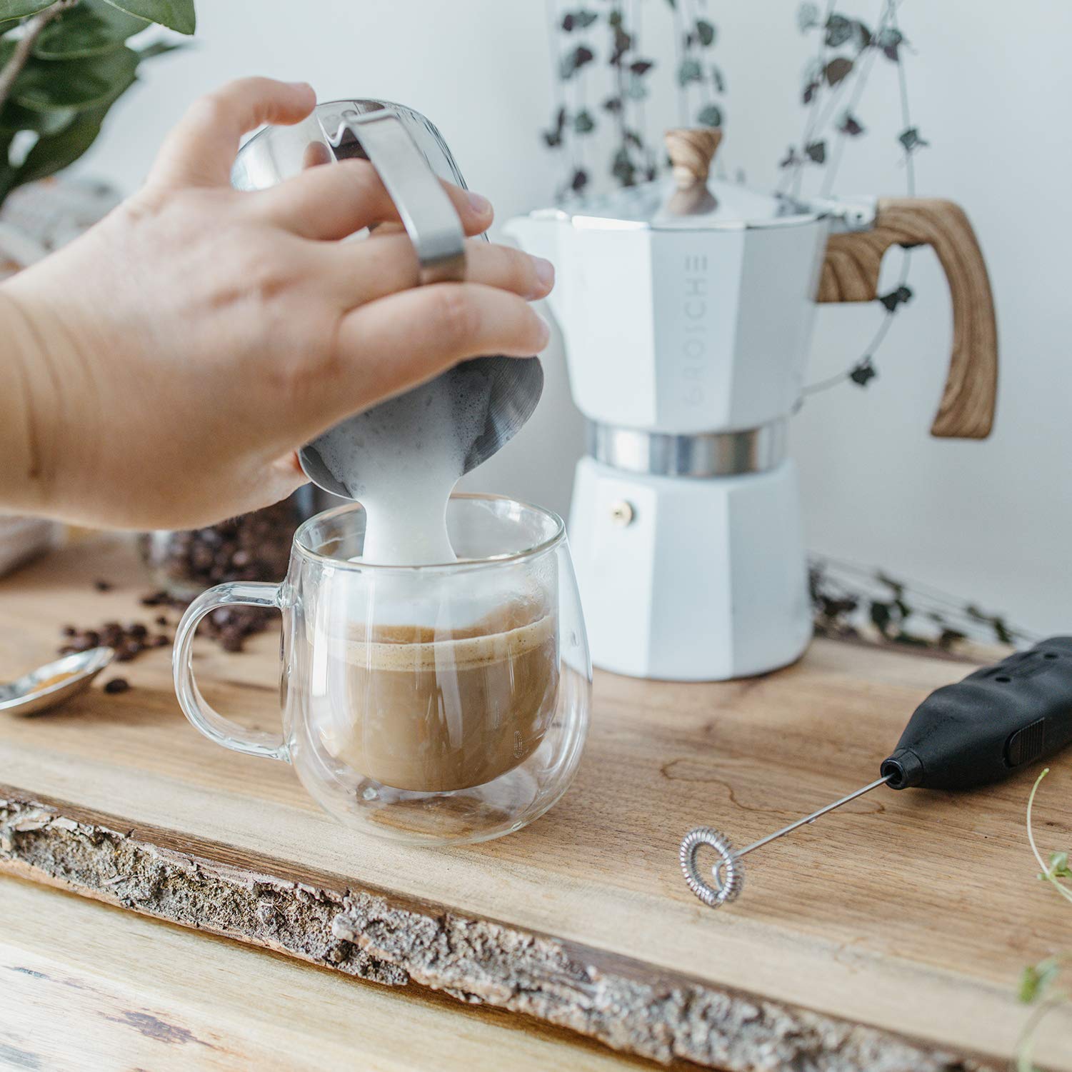 GROSCHE Milano Stove Top Espresso Maker - 3 Cup (5 oz) with Battery Operated Milk Frother - Perfect for Lattes, Cappuccinos & Home Coffee Brewing - White Bundle for Coffee Enthusiasts