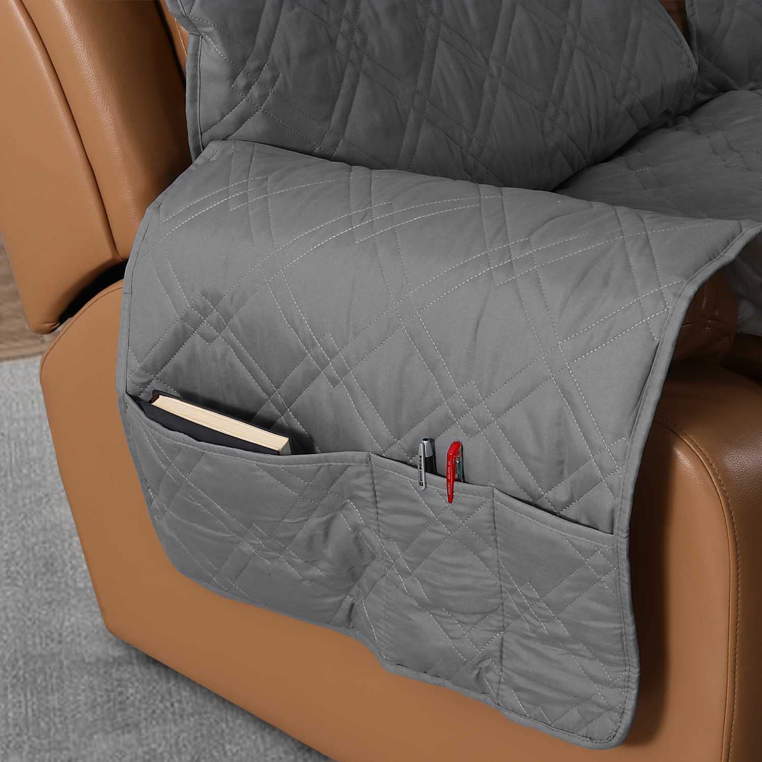 3-Seater Recliner Chair Cover - Waterproof Velvet Stretch Sofa Slipcover - Soft Armchair Cover with Storage - Furniture Protector for Living Room, Kids & Pets (Dark Grey) - Perfect for Family Gatherings, Pet Owners & Home Protection
