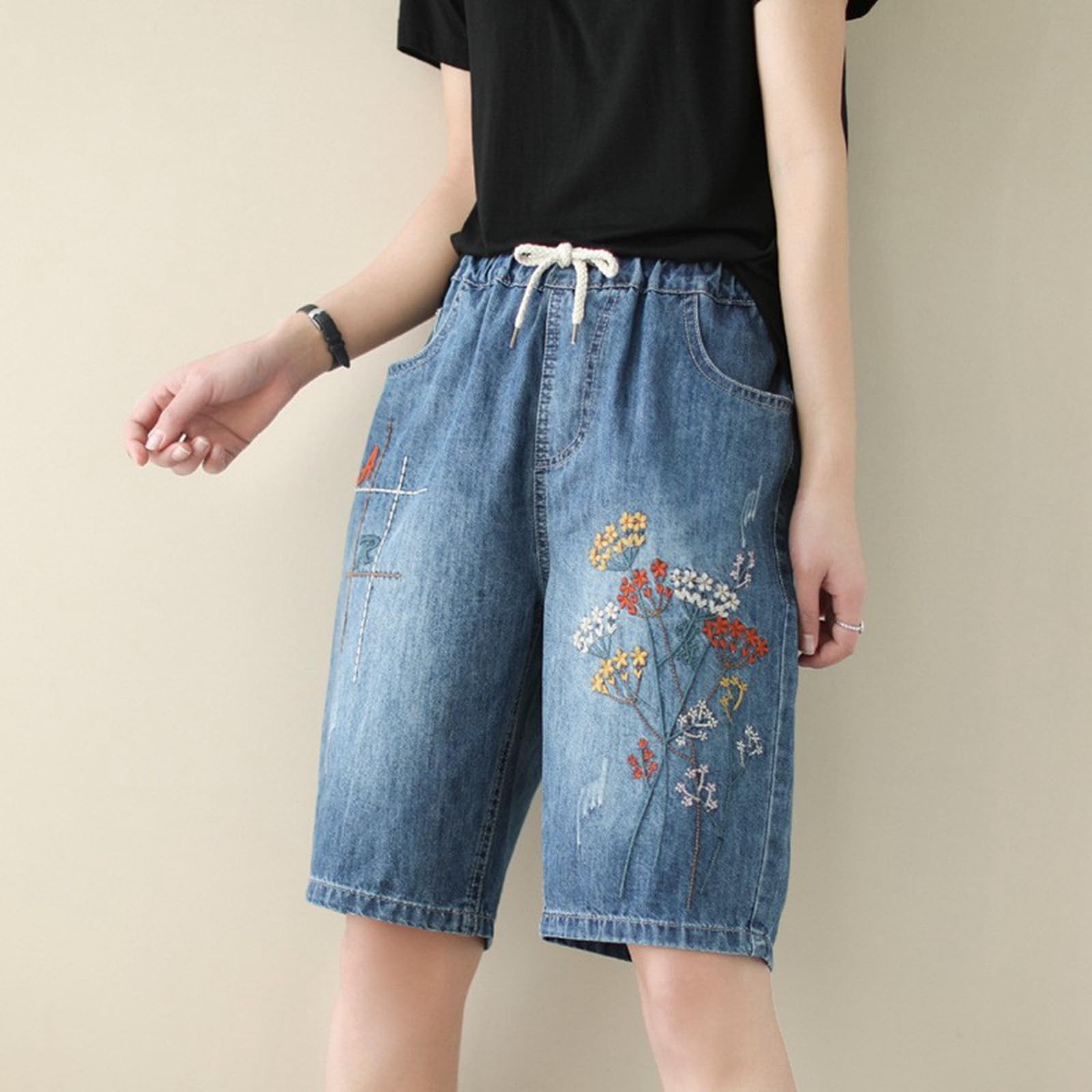 Women's Relaxed Fit Jean Shorts - High Rise Boyfriend Denim Shorts with Embroidered Details | Y2K Retro Style for Summer 2024 | Perfect for Casual Outings, Beach Trips & Music Festivals