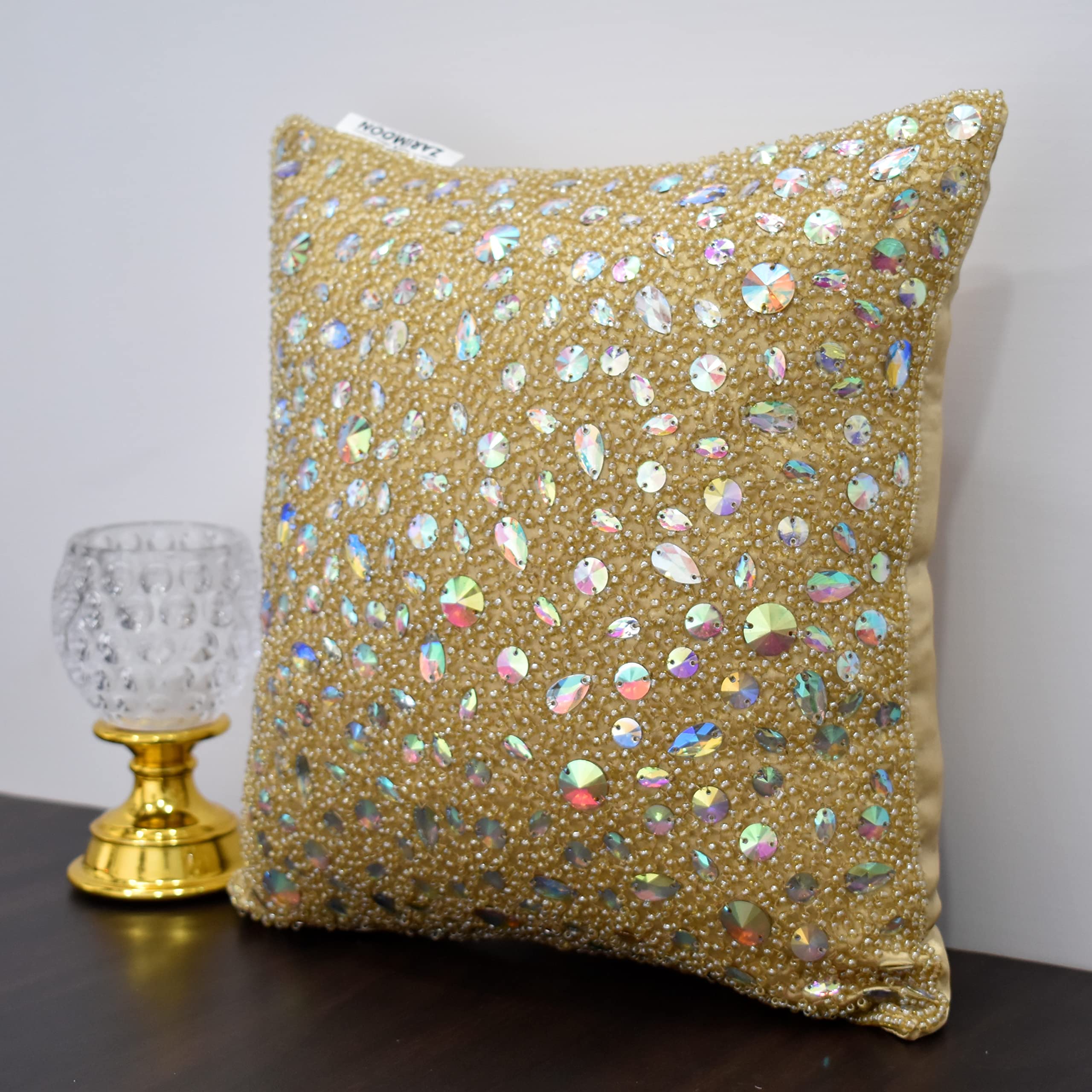 Luxury Gold Handmade Beaded Pillow Cover 24x24 Inches - Embroidered Decorative Throw Pillow for Sofa, Bed & Living Room - Contemporary Modern Embellished Custom Pillow Case for Home Decor
