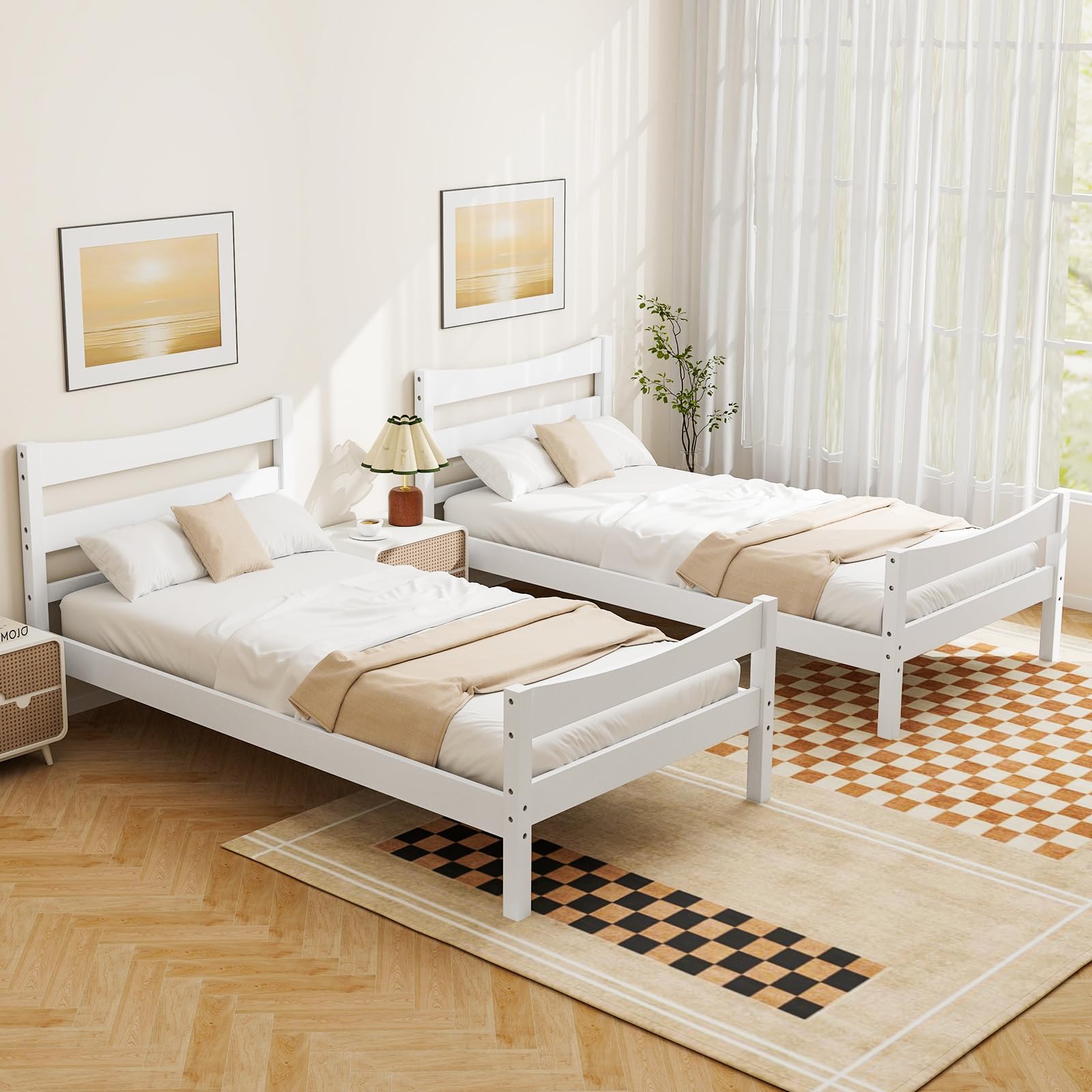 Giantex Solid Wood Twin Bed Frame with Headboard & Footboard - Modern White Platform Bed, No Box Spring Needed, Sturdy Wood Slat Support - Perfect for Kids Bedroom, Guest Room & Small Spaces