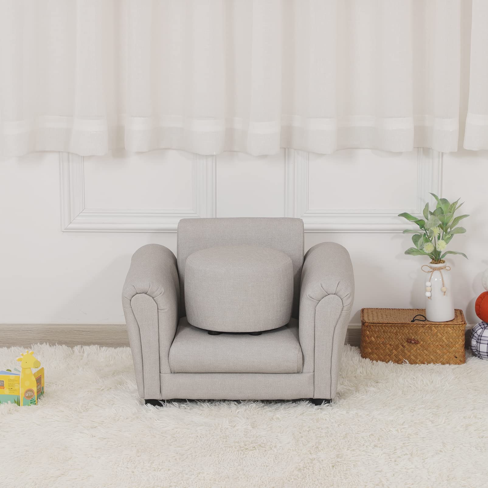 Getifun Kids Sofa Chair with Footstool - PVC Leather Toddler Armchair with Sturdy Plastic Legs, Light Gray Upholstered Couch for Children Under 4 Years | Perfect for Playrooms, Bedrooms & Daycare Centers