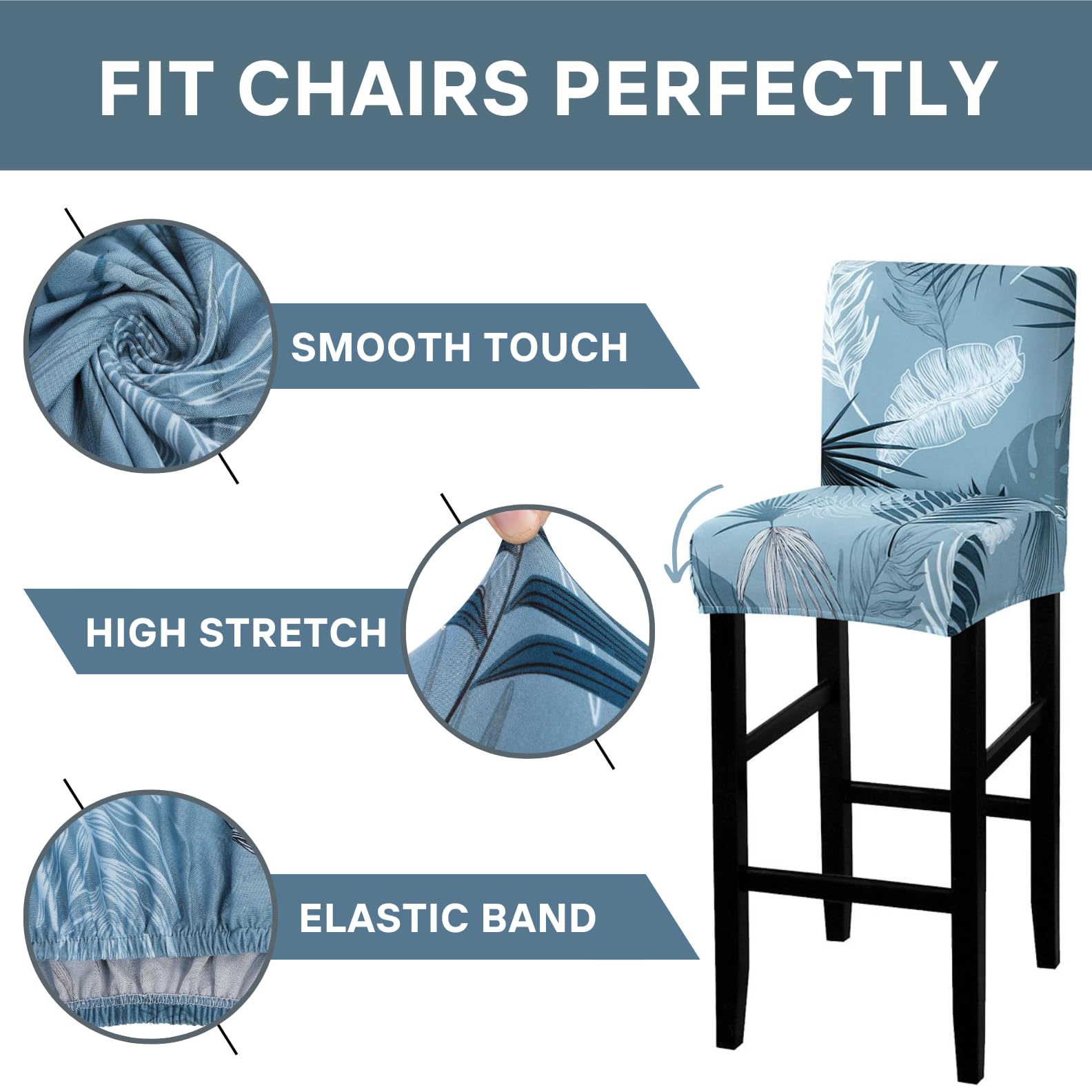 Stretch Washable Bar Stool Covers Set of 4 - Counter Height Kitchen Dining Chair Slipcovers - Blue Foliage Design for Home, Cafe & Restaurant Decor