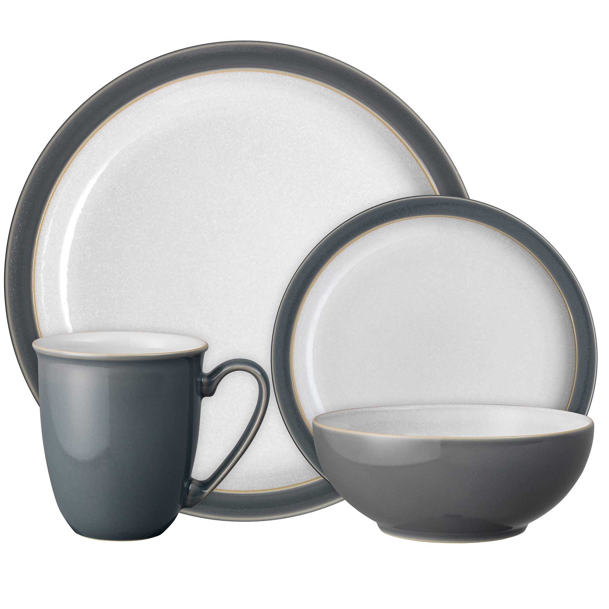 Denby Elements Fossil Grey 4-Piece Ceramic Dinner Set - Microwave & Dishwasher Safe Tableware - Includes Dinner Plate, Small Plate, Cereal Bowl & Coffee Mug - Perfect for Everyday Meals, Family Dinners & Entertaining Guests