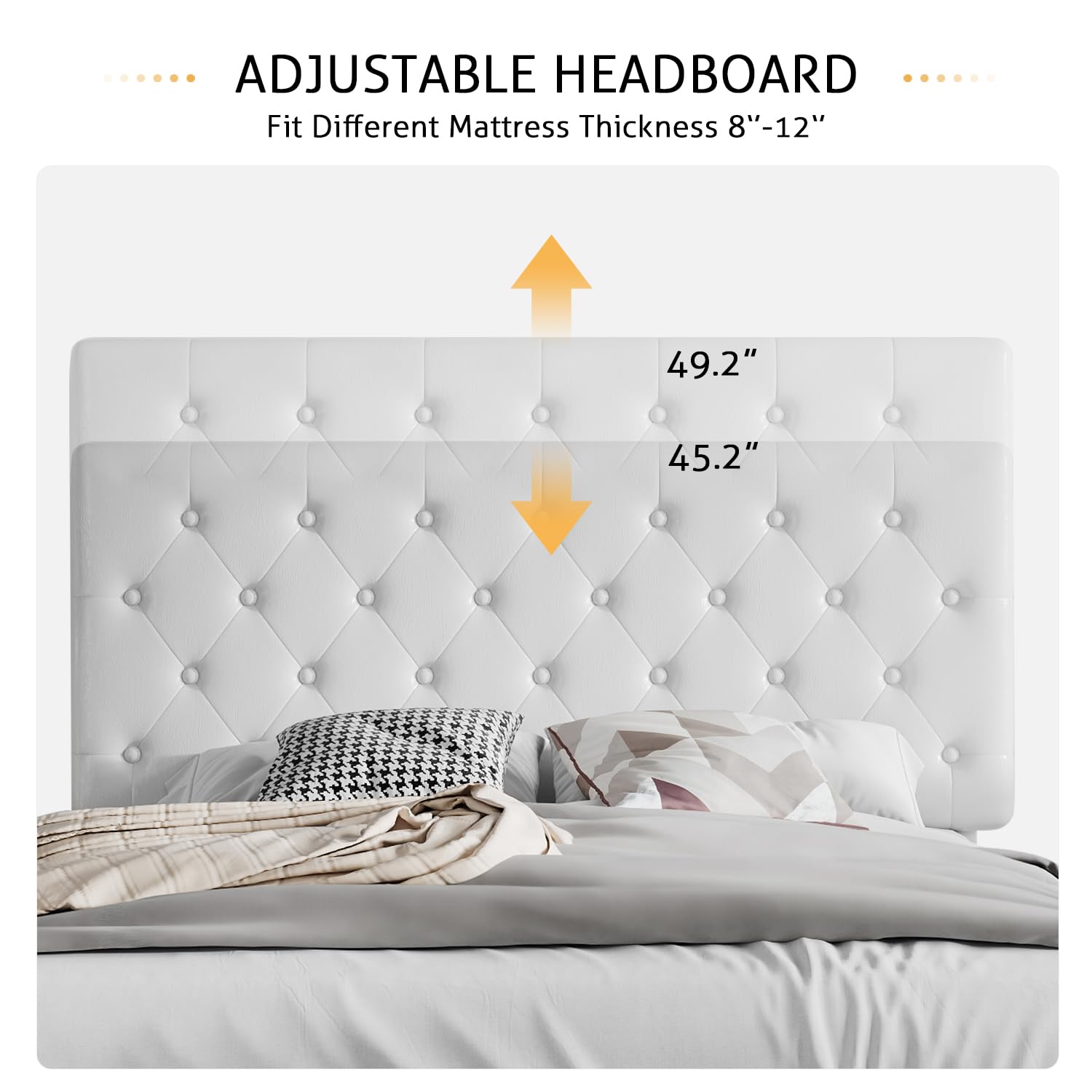 Queen Size Bed Frame with Button Tufted Headboard - Faux Leather Upholstered Platform Bed with Wooden Slat Support, No Box Spring Needed (White) - Perfect for Modern Bedrooms, Guest Rooms & Small Spaces