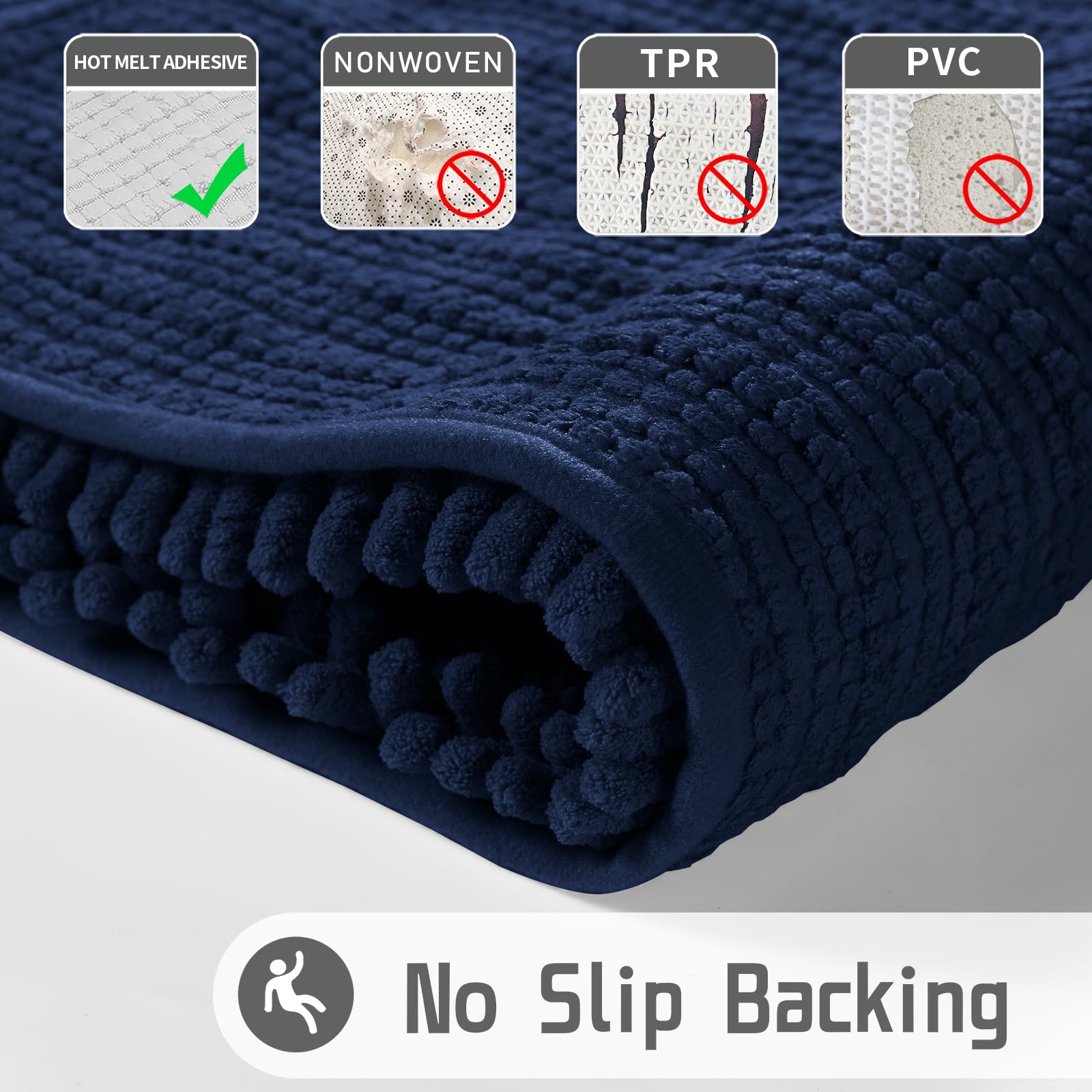 Yimobra Non-Slip Bathroom Rug Mat 44x24 Inches - Super Absorbent Quick Dry Bath Mat for Bathroom & Bedroom Floor, Machine Washable Soft Thick Modern Home Decor in Navy Blue - Perfect for Bathrooms, Showers, and Spa Areas