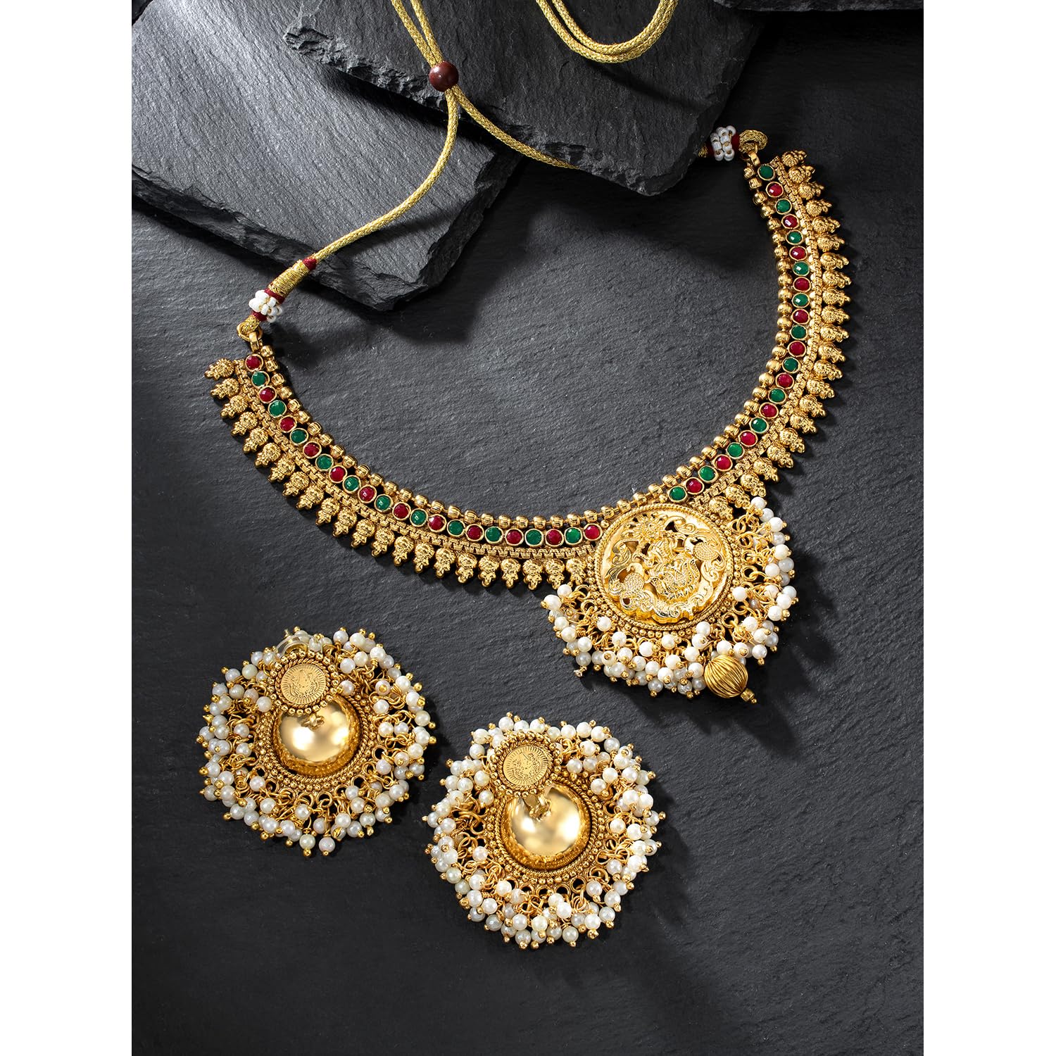 Authentic Indian Traditional Temple Necklace & Jhumka Dangle Earrings Set - Faux Stone Bollywood Jewelry for Women | Perfect for Weddings, Festivals & Special Occasions