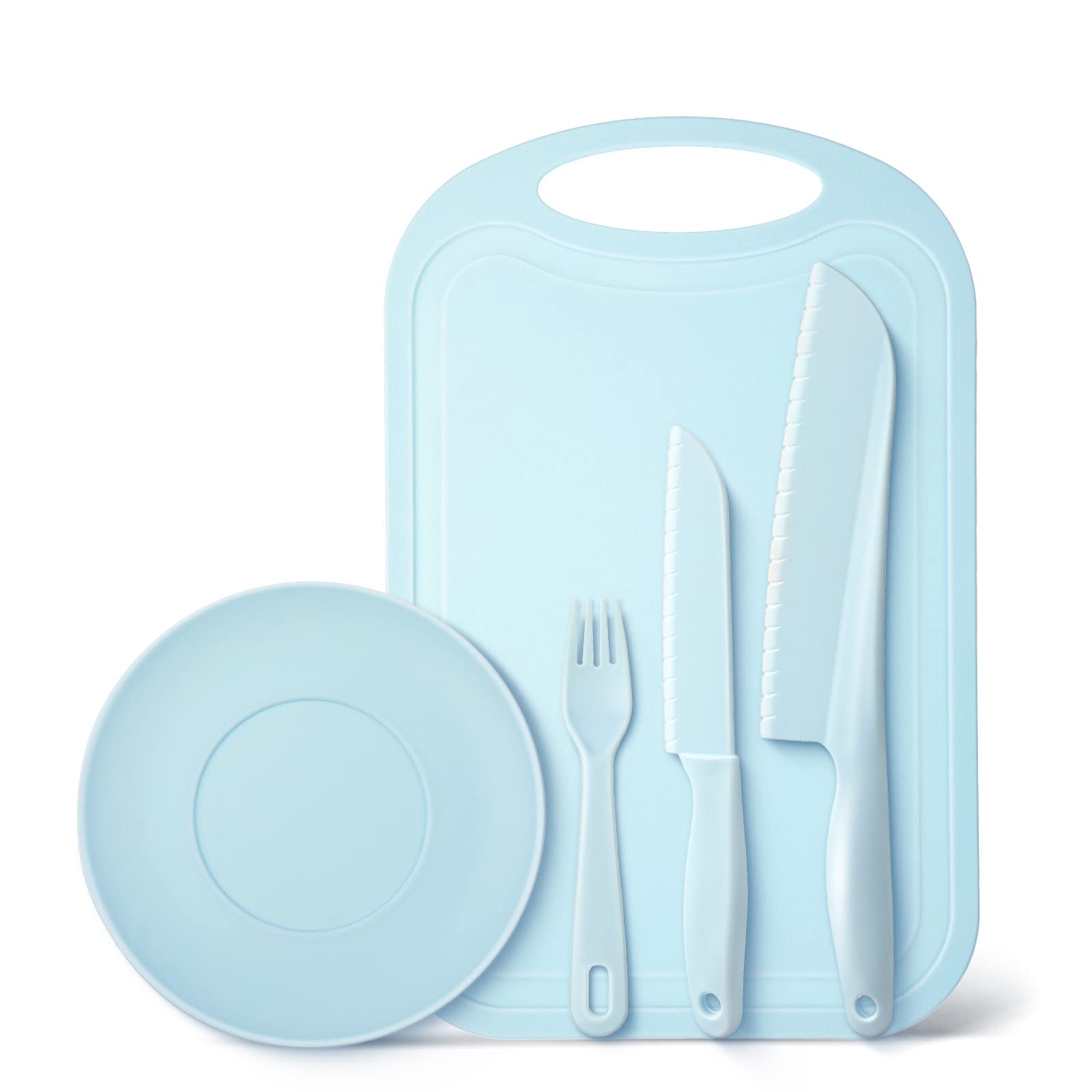 BPA-Free Kids Cooking Knife Set with Plastic Knives, Cutting Board, Plate & Fork - Safe Toddler Knives for Real Cooking - Perfect for Meal Prep, Snack Time & Learning Kitchen Skills (Blue)