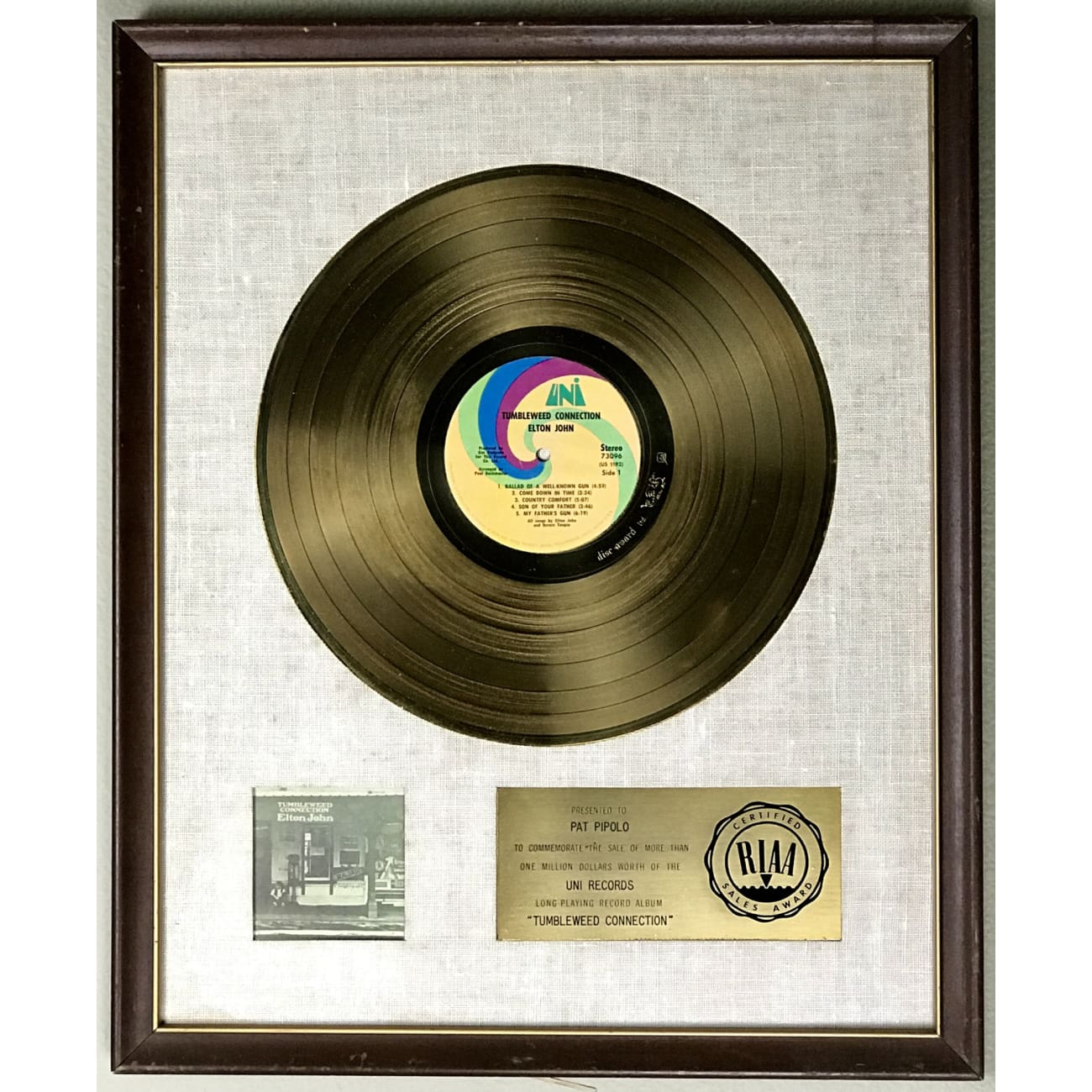 Elton John Tumbleweed Connection White Matte RIAA Gold LP Award - Rare Vinyl Record Collector's Item for Music Enthusiasts & Home Decor