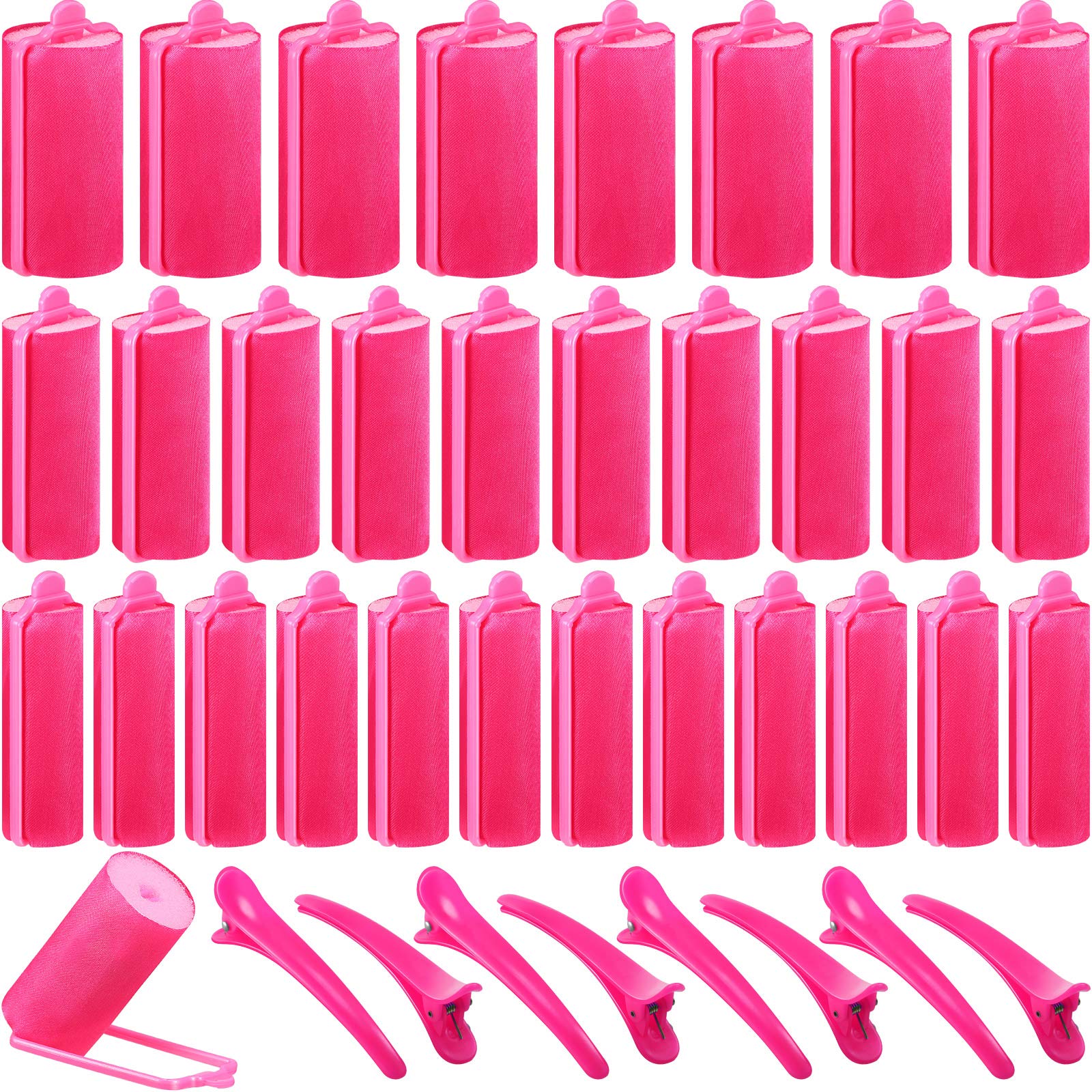 40 Pieces Satin Sponge Hair Rollers Set with Duck Teeth Clips - Multi-Size Rose Red Foam Curlers for Women's Hair Styling & Voluminous Curls - Perfect for Home Salon, Party Hairstyles & DIY Beauty Care