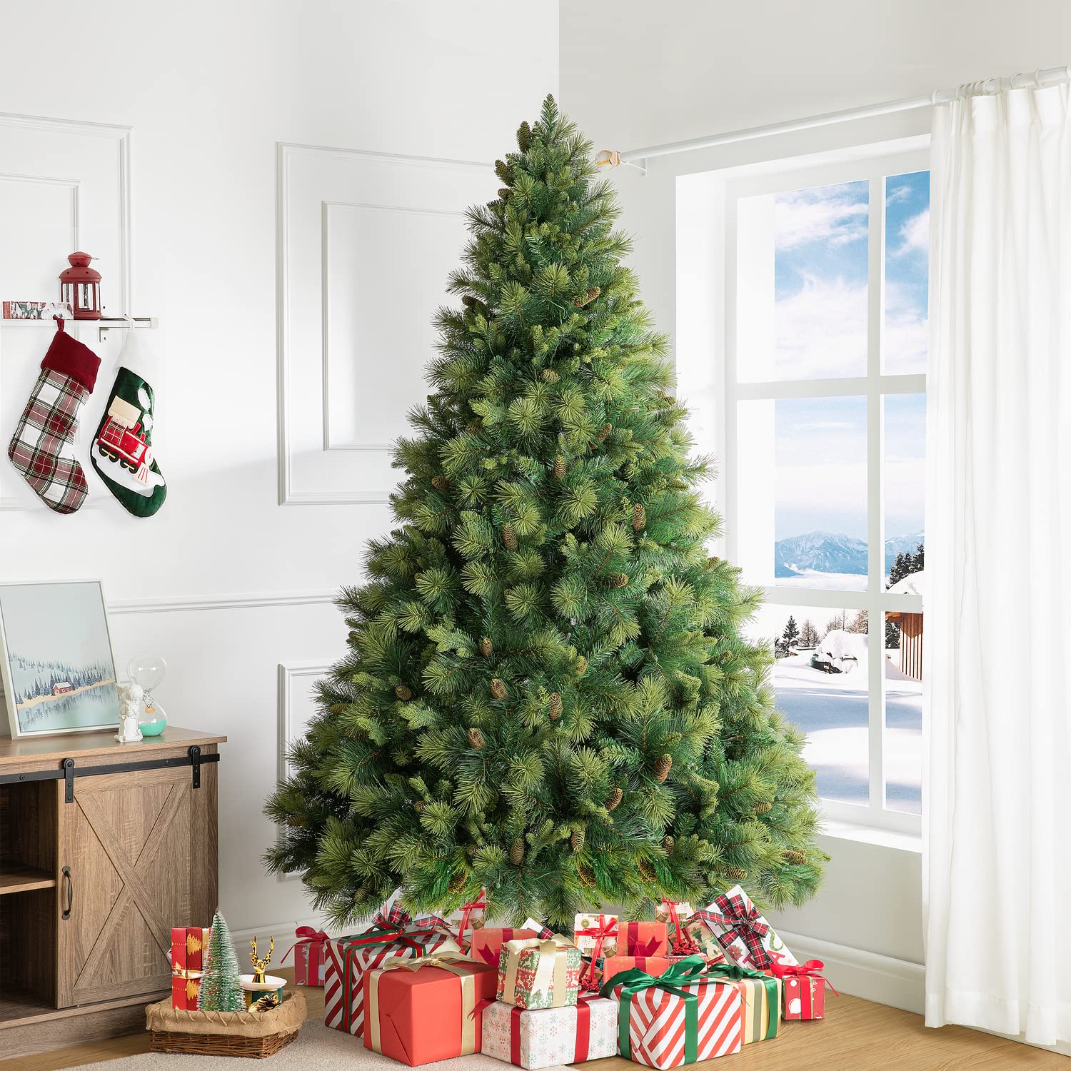7.5ft Prelit Artificial Christmas Tree with Pine Cones & Foot Pedal - 1556 Branch Tips, 750 Warm White LED Lights & Sturdy Metal Stand - 61