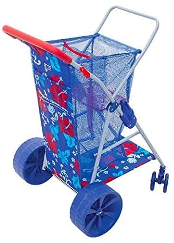 Rio Wonder Wheeler Folding Beach Cart - 2020 Upgraded Hawaiian Print Design in Blue/Red | Lightweight & Holds 4 Chairs | Perfect for Beach Trips, Camping & Outdoor Adventures