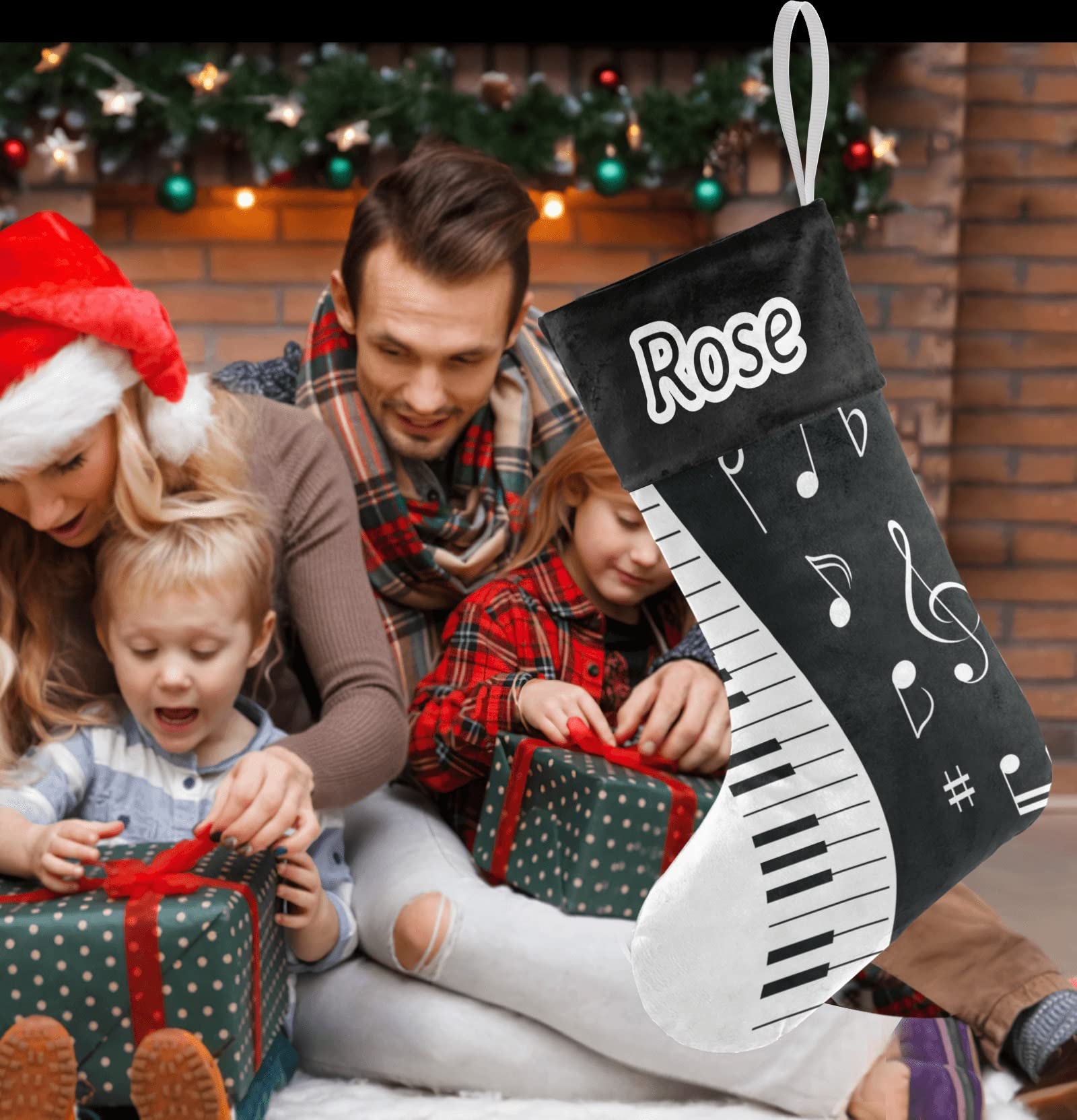 Personalized Christmas Stockings with Music Notes & Piano Design - Custom Name Text Holiday Decor (17.52 x 7.87 Inch) - Perfect Festive Gift for Musicians & Music Lovers