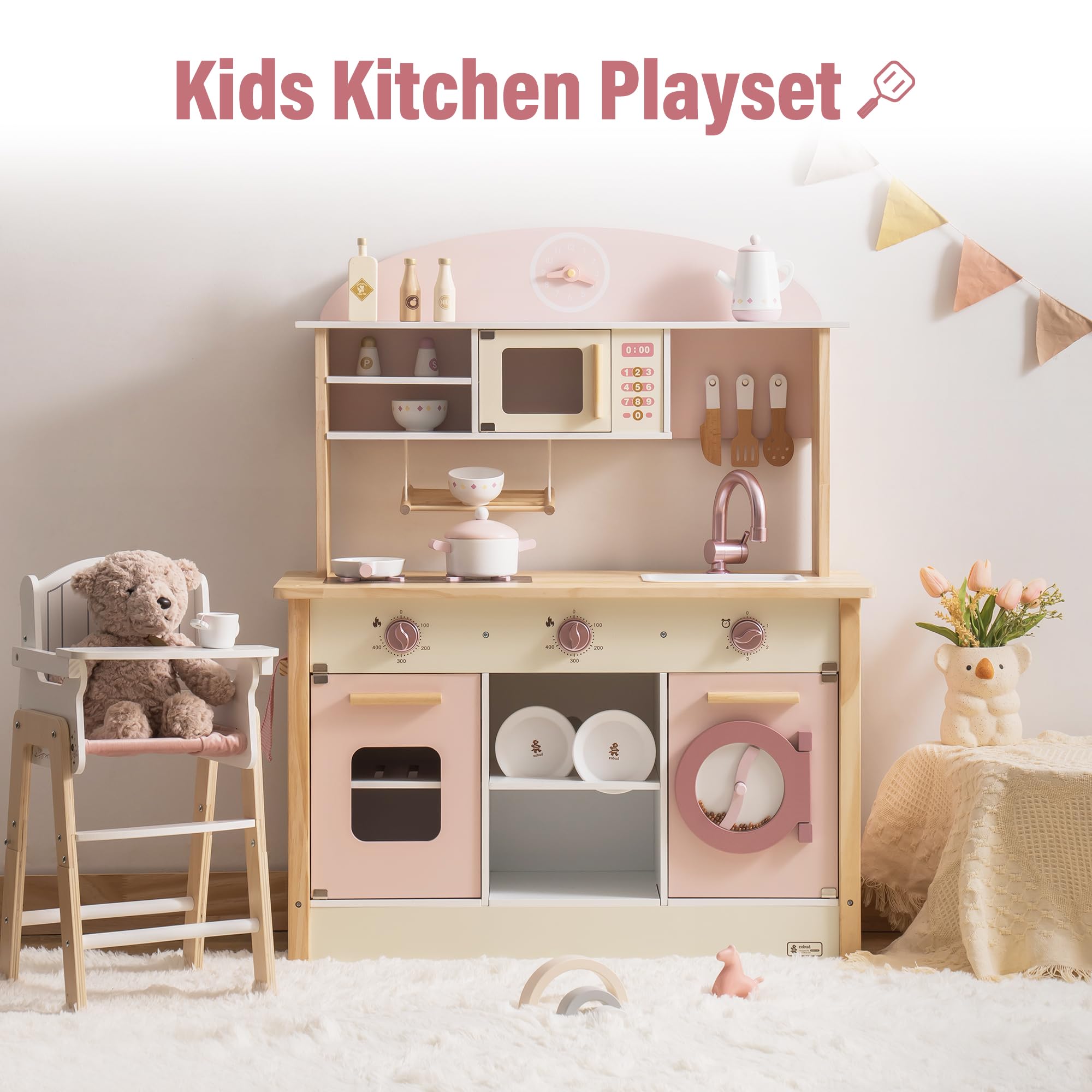 ROBUD Wooden Play Kitchen Set for Kids & Toddlers - Realistic Toy Kitchen with Accessories, Modern Design for Pretend Play - Perfect Gift for Boys & Girls Ages 3+ (Pink) | Great for Birthday, Christmas & Indoor Pretend Play Activities