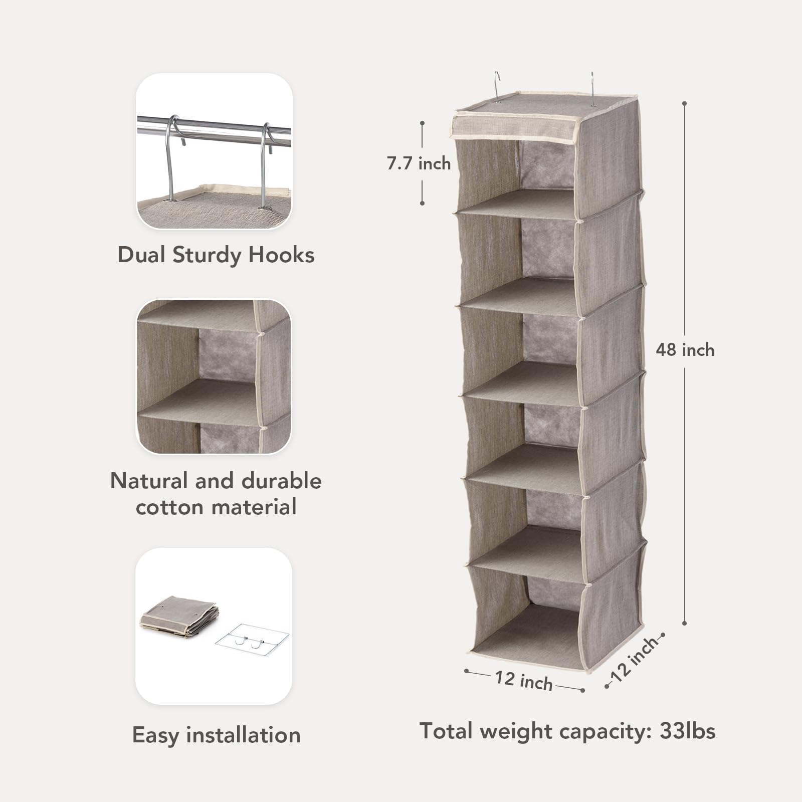 ALFIO Collapsible Hanging Closet Organizer - 6 Open Shelves with Dual Sturdy Hooks for Bedroom, Bathroom & Closet Storage - Space Saving Shelf Organizer for Clothes, Towels & Accessories