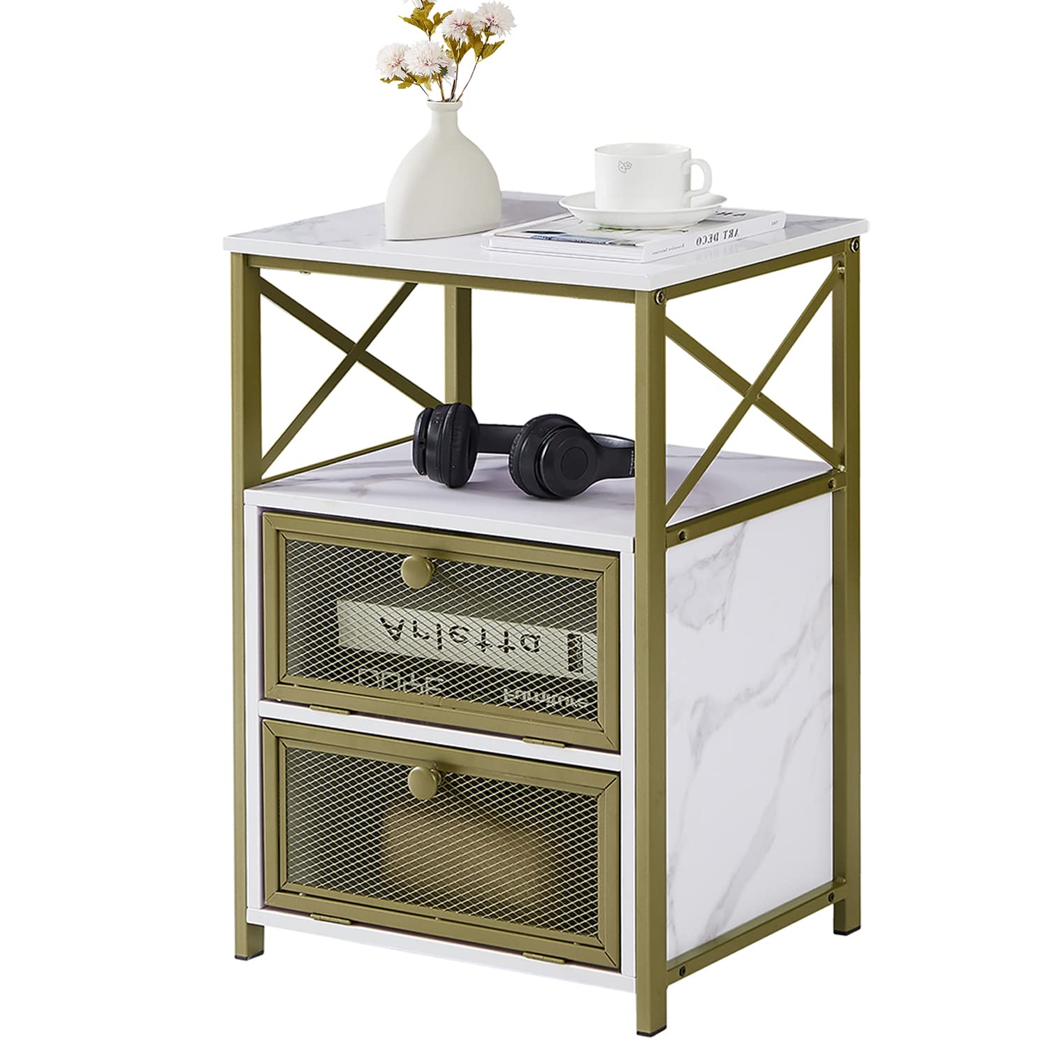 VECELO Modern Night Stand with Storage & Door - End Side Table for Bedroom & Living Room - Brown, Marble White & Gold Finish - Perfect for Small Spaces & Apartment Decor