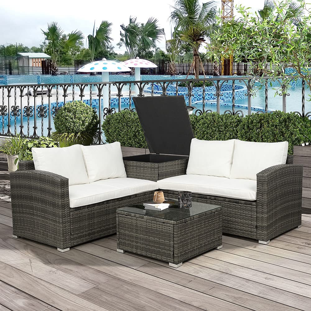 4-Piece Outdoor Cushioned PE Rattan Wicker Sectional Sofa Set with Coffee Table & Storage Ottoman - Waterproof Patio Furniture for Garden, Backyard, Poolside (Beige) - Perfect for Relaxing, Entertaining & Outdoor Lounging