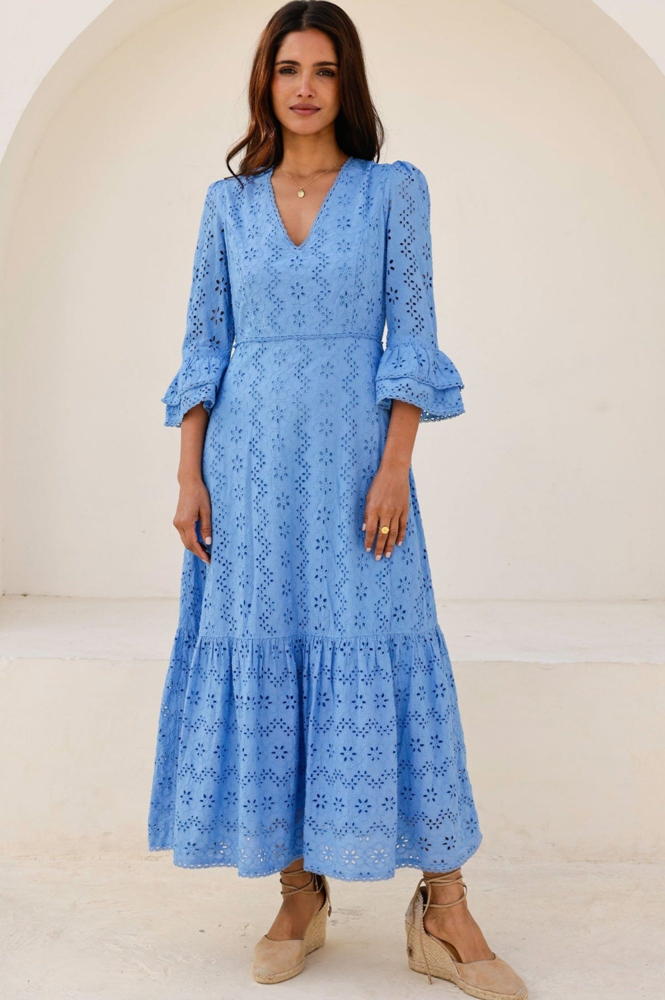 Victoria Broderie Floral Embroidered Summer Dress for Women - Blue Flowy Maxi Dress | Beach Wedding, Vacation & Party Wear