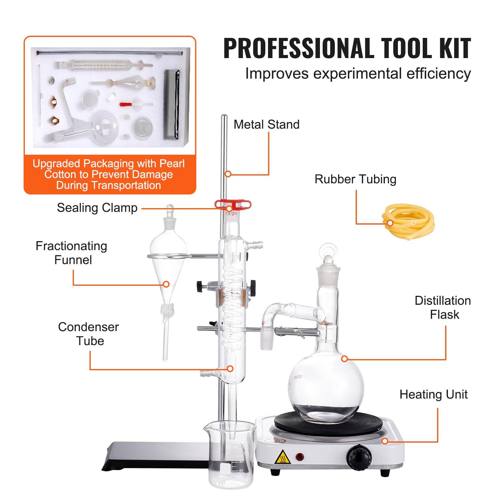 VEVOR 500ml Essential Oil Distillation Kit - 3.3 Boro Lab Glassware Set with 1000W Heating Plate & 24/40 Joint (33pcs) for Aromatherapy, Herbal Extracts & DIY Essential Oils at Home