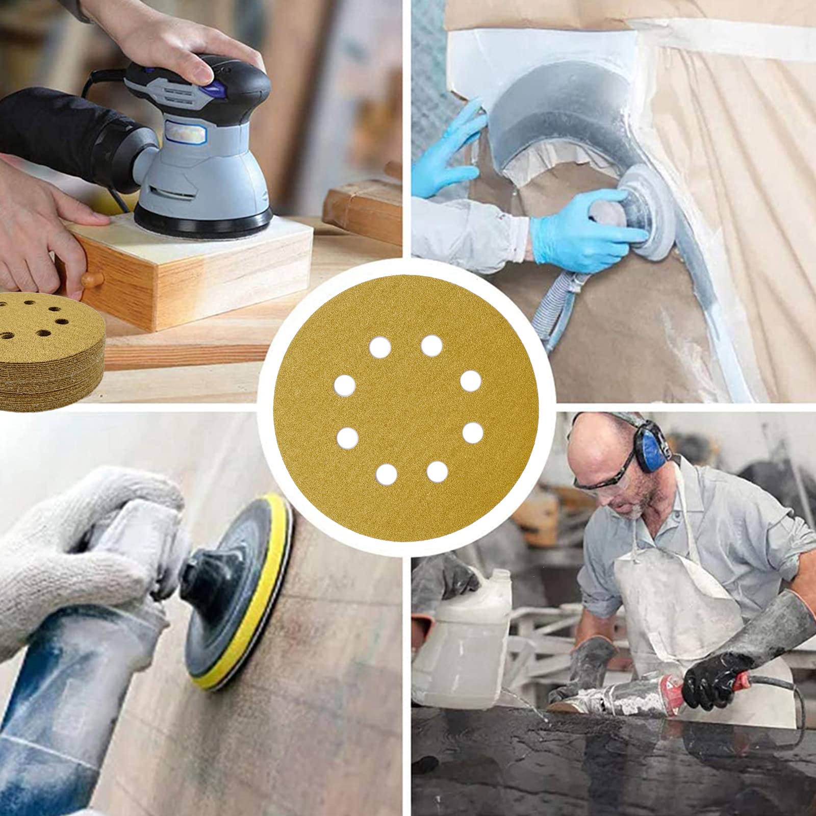 100pcs 5 Inch Hook & Loop Sanding Discs - 60/80/120/220/320 Grit Assortment - 8 Hole Round Orbital Sander Paper for Wood, Metal, Car & Boat Polishing - 20 Pcs per Grit - Perfect for DIY Projects & Professional Woodworking Finishing