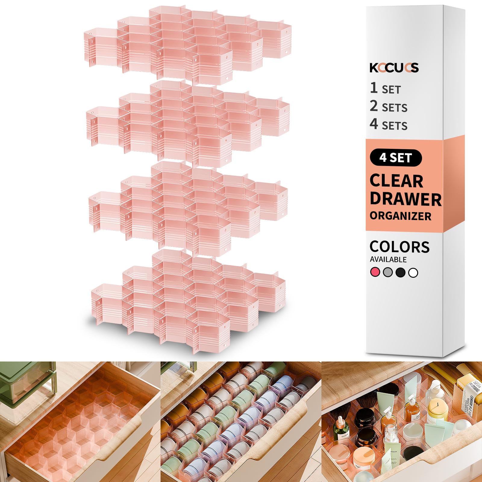 Adjustable Honeycomb Drawer Organizer for Underwear, Belts, Scarves & Socks - Pink (4-Piece Set) - Perfect for Closet, Dresser & Bedroom Storage Organization