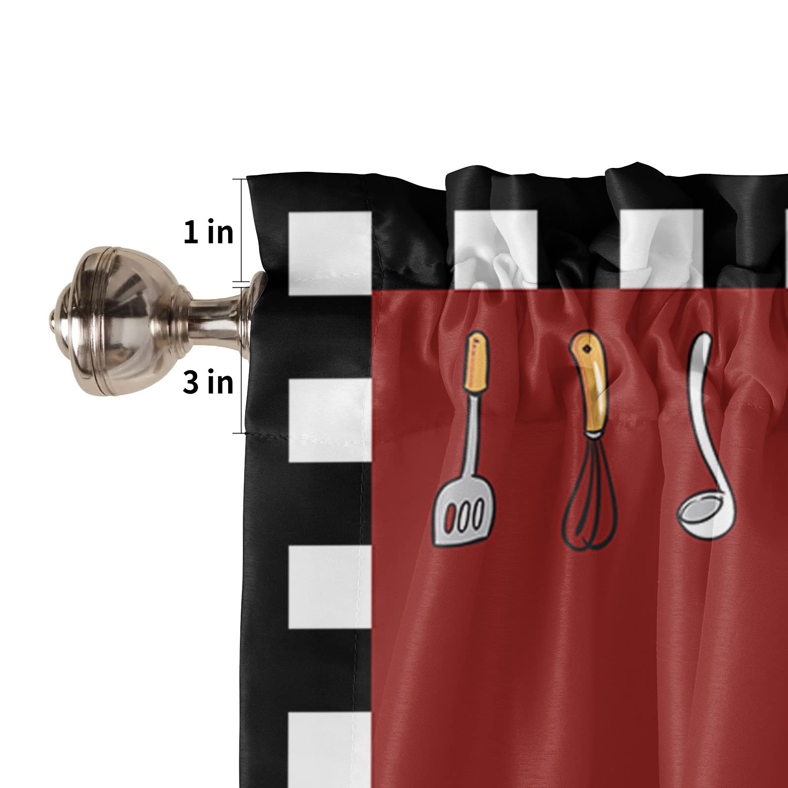 3-Piece Kitchen Curtain Set with Rod Pocket - Funny Chef & Kitchenware Design, Red Small Window Valance with Black & White Check Border - Perfect for Farmhouse, Cafe, or Home Kitchen Decor
