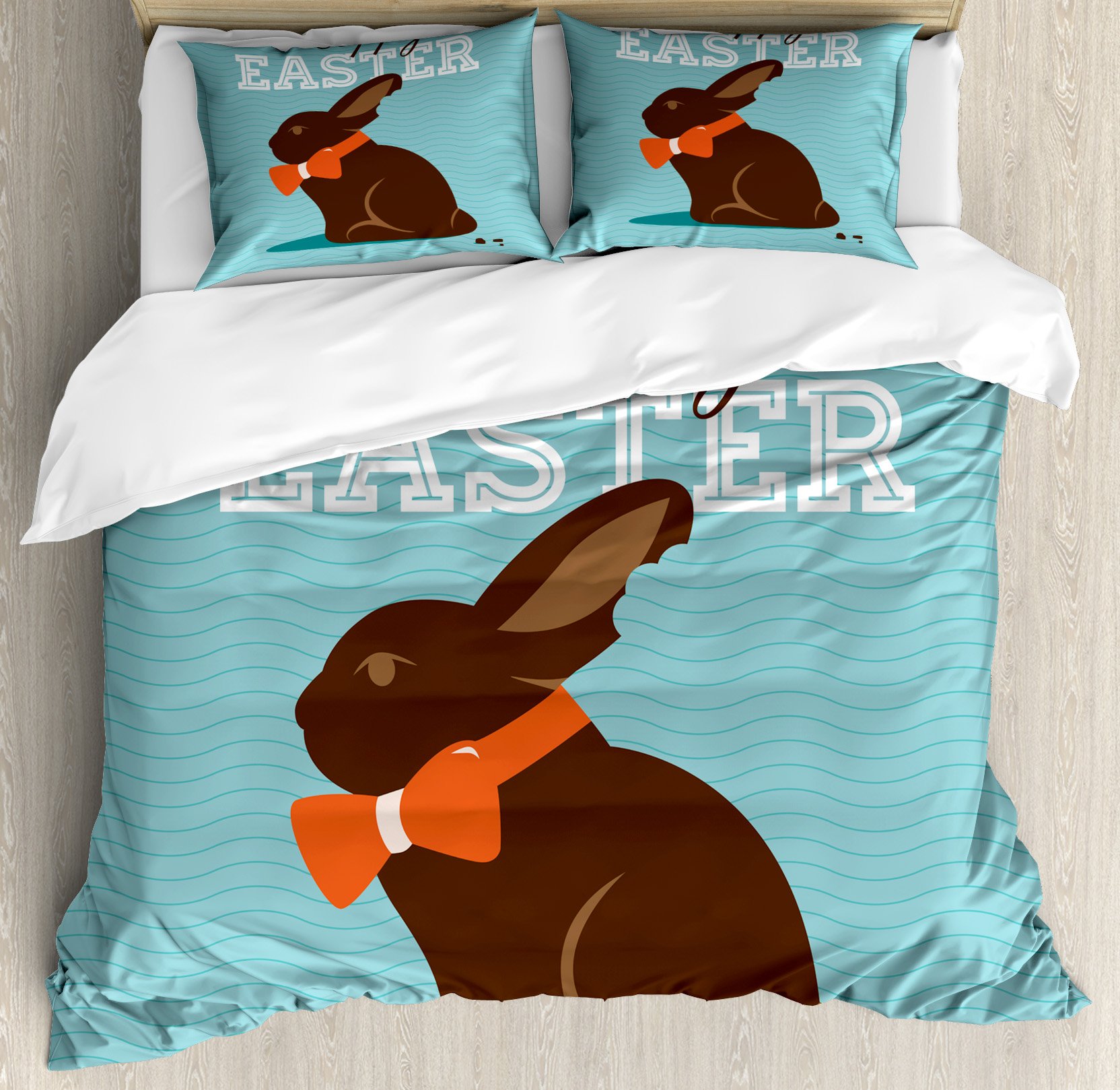 Ambesonne Easter Duvet Cover Set - Chocolate Bunny with Orange Bow Tie on Wavy Stripes Background, 3-Piece Queen Size Bedding Set with 2 Pillow Shams in Dark Brown & Pale Blue - Perfect for Spring Decor, Easter Gift, and Cozy Bedroom Makeover