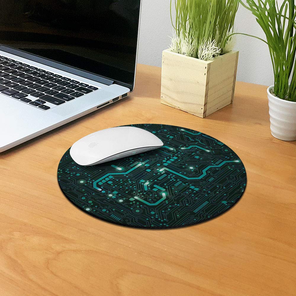 Non-Slip Round Mouse Pad with Green Circuit Design - Ergonomic Gaming & Office Desk Mat for Computers, Laptops - Perfect for Home, Work & Esports Setups
