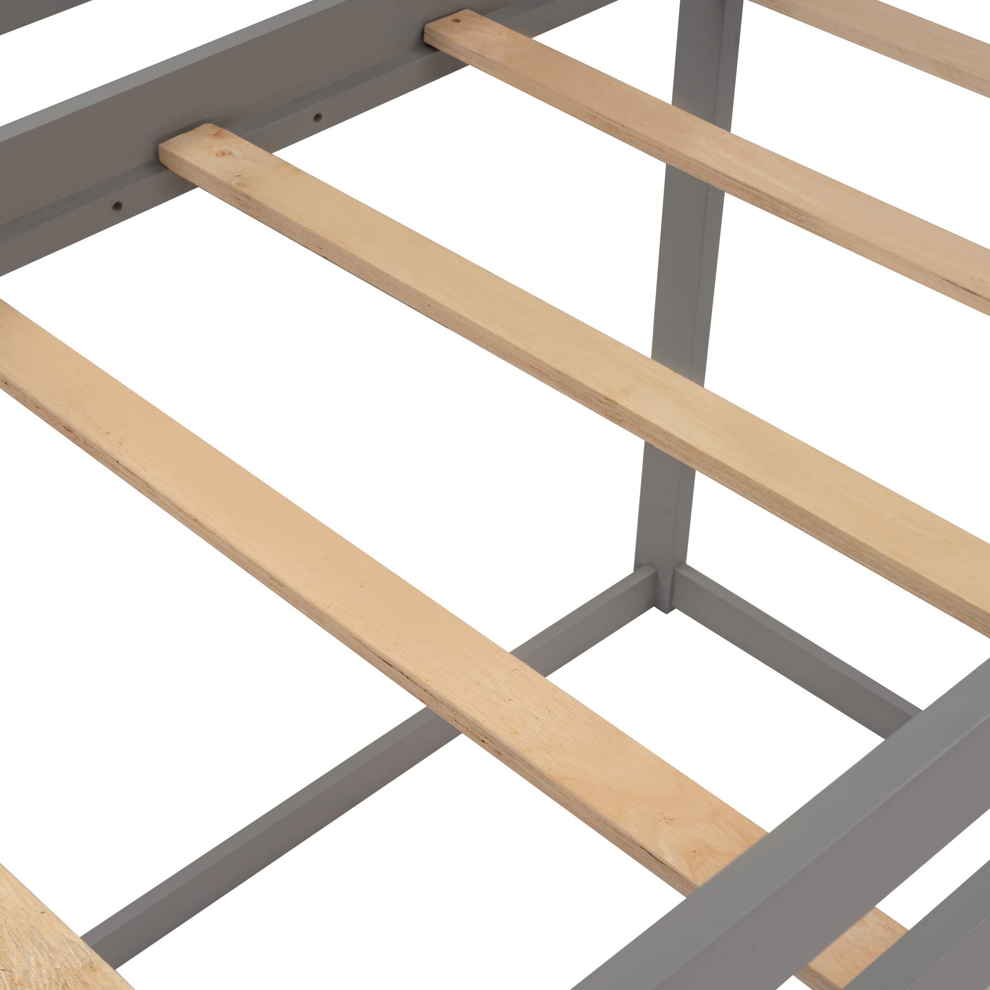 Twin Over Twin Low Bunk Bed Frame with Ladder & Guardrail - Sturdy Wood House Design for Kids & Teens - No Box Spring Needed (Gray + Pine) - Perfect for Small Bedrooms, Dorms, and Shared Kids' Rooms