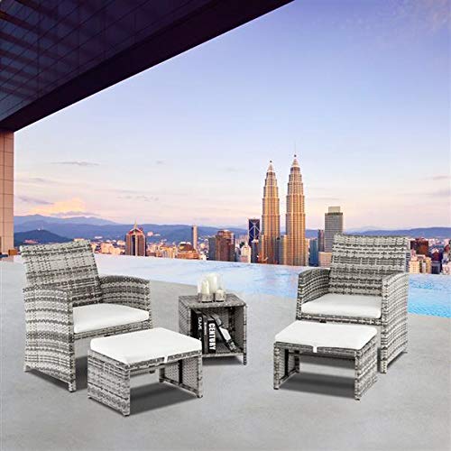 5-Piece Outdoor Rattan Wicker Patio Furniture Set - 2 Chairs, 2 Footstools & Coffee Table in Gray Gradient - Perfect for Backyard, Garden or Poolside Conversation Area