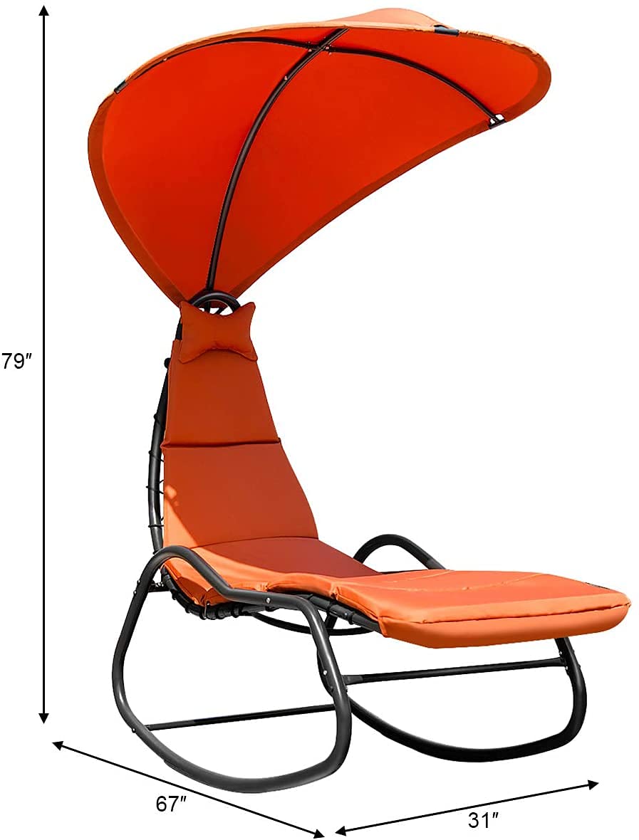 GRAFFY Outdoor Chaise Lounge Swing Chair with Removable Cushion & Canopy - Patio Hammock Rocking Chair for Garden, Backyard, Poolside - Comfortable Recliner with Adjustable Headrest (Orange) - Perfect for Relaxing, Sunbathing, and Lounging by the Pool or in Your Backyard Oasis