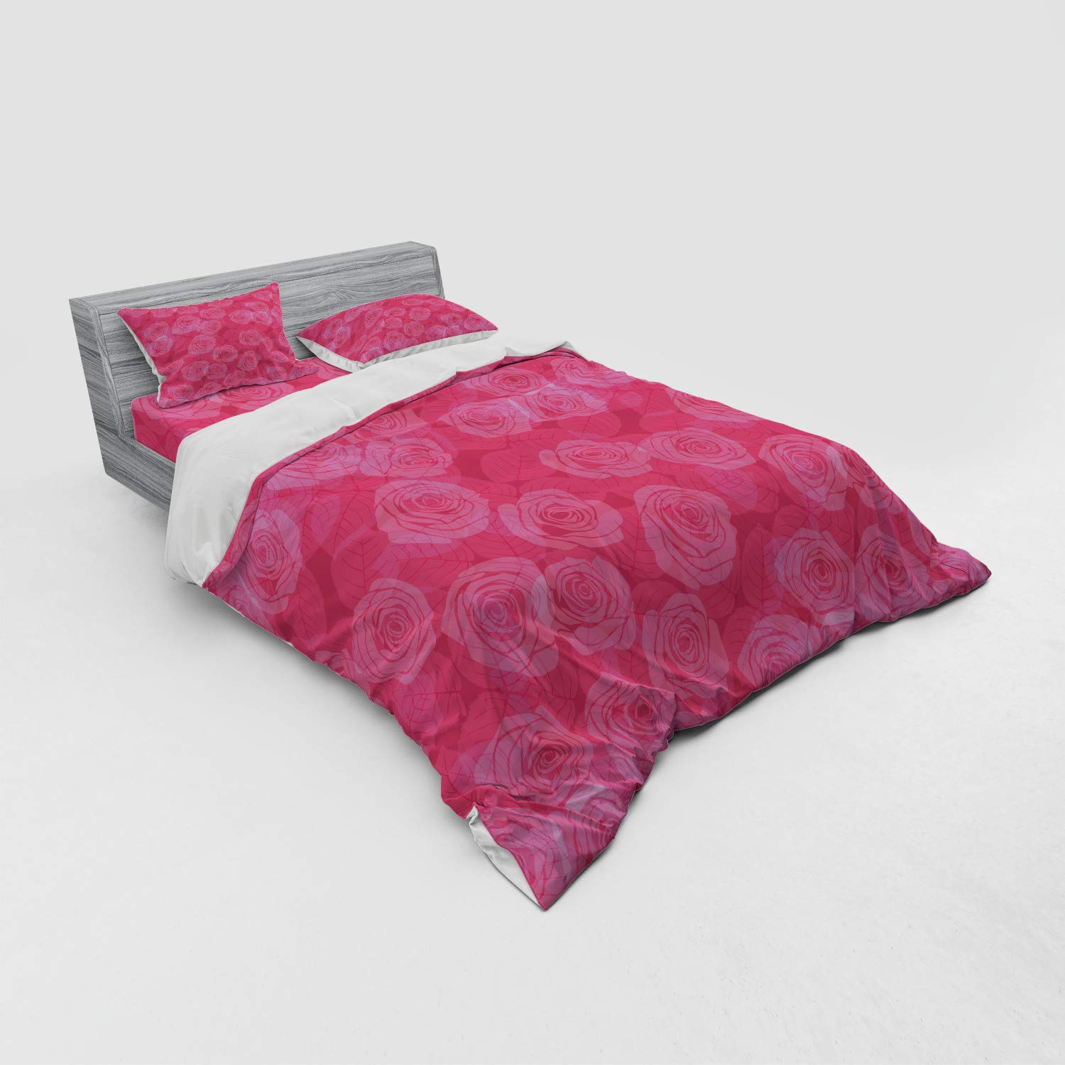 Ambesonne Pink Rose Floral Duvet Cover Set - 4 Piece Queen Size Bedding with Shams & Fitted Sheet, Romantic Valentine's Day Design for Cozy Bedroom Decor