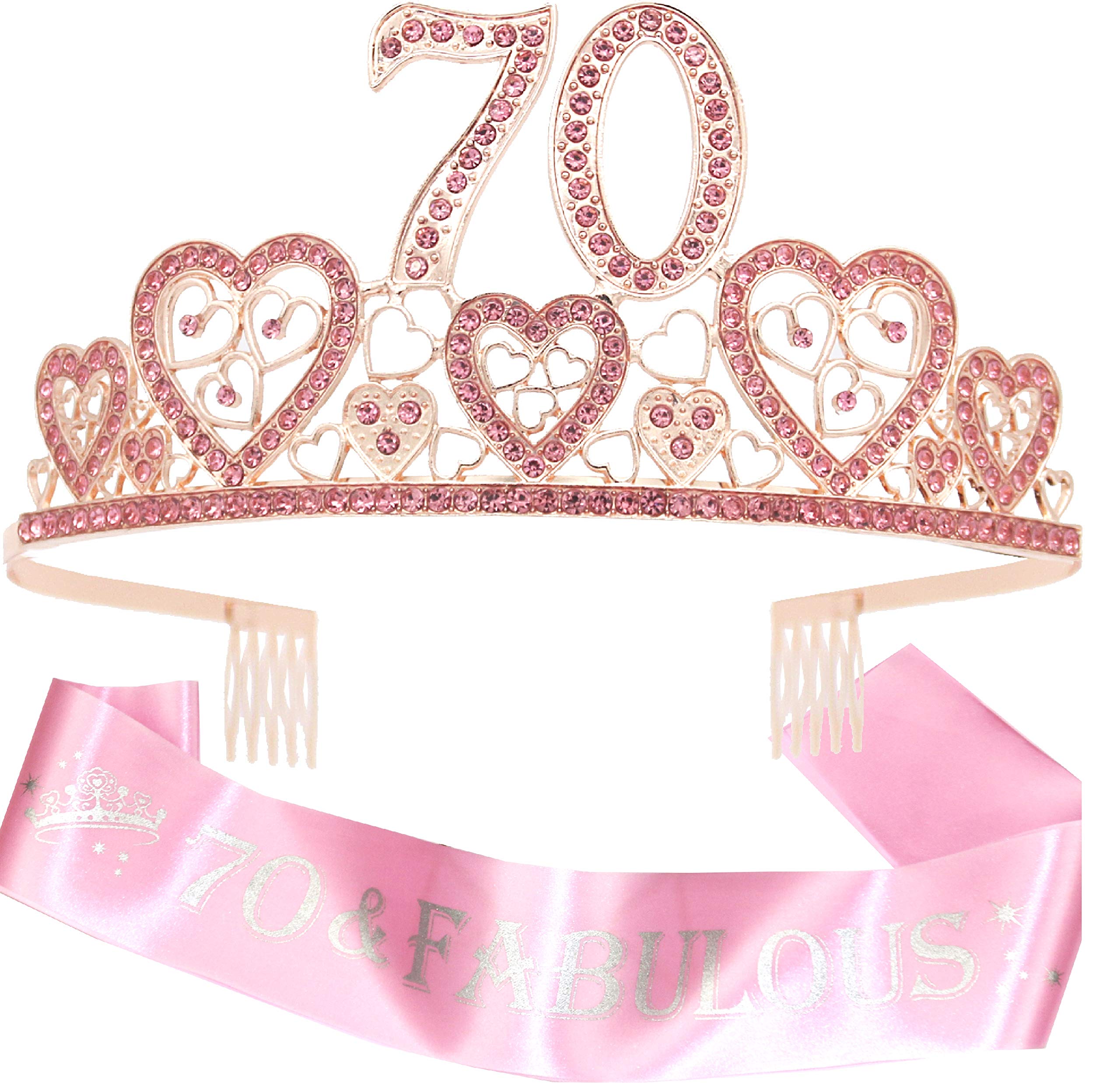 70th Birthday Sash & Tiara Set for Women - Sparkling Glitter Sash with Rhinestone Heart Tiara | Premium Birthday Gift for 70 Year Old Women | Perfect for Milestone Celebrations, Birthday Parties & Special Occasions