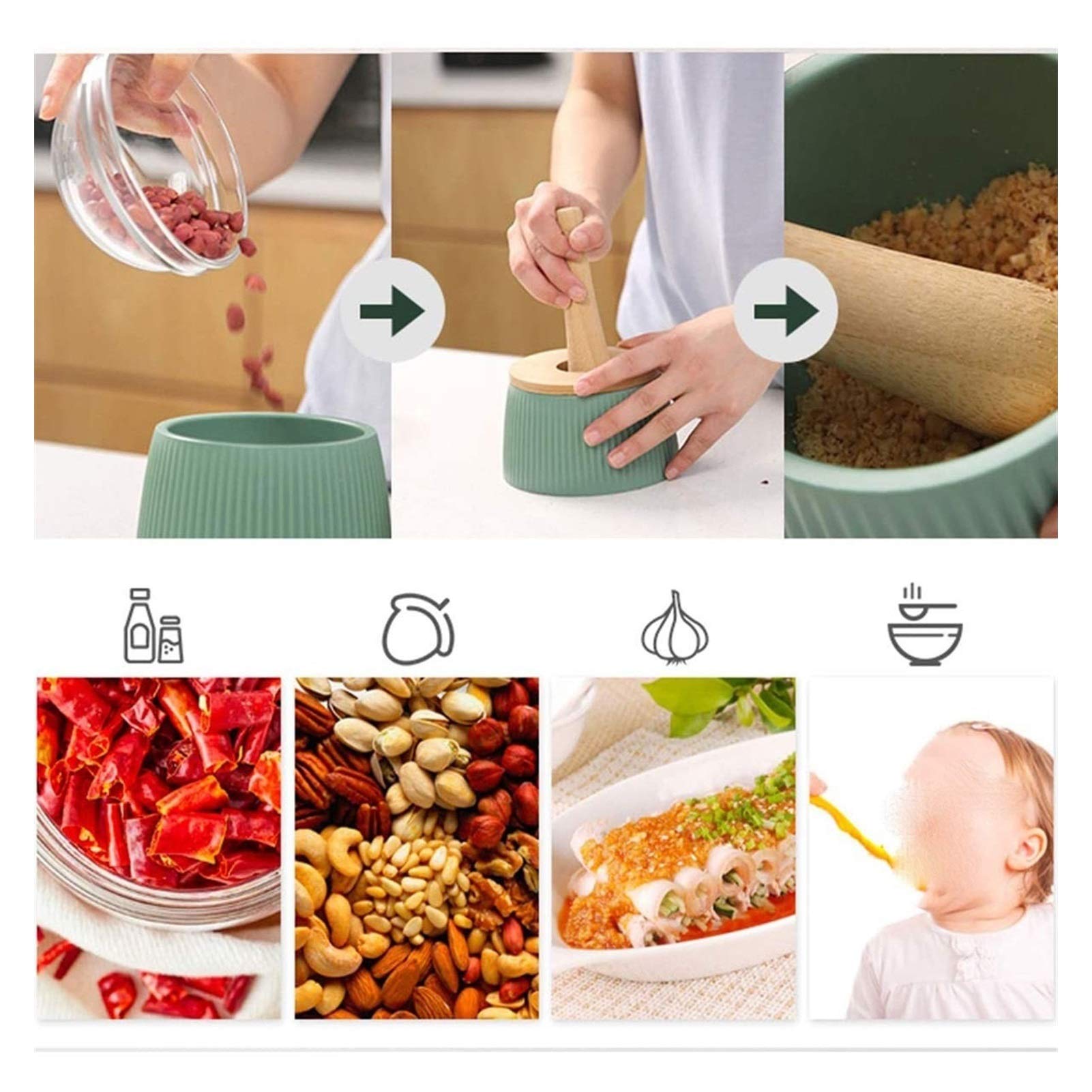 Natural Bamboo Wood Mortar and Pestle Set with Lid & Spoon - Spice Grinder for Pepper, Garlic, Herbs - Easy to Use & Clean - Perfect for Cooking, Baking & DIY Spice Blends