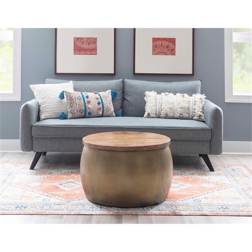 Pemberly Row Modern Large Wood and Metal Drum Side Table with Storage in Brass - Perfect for Living Room, Bedroom, or Office Decor