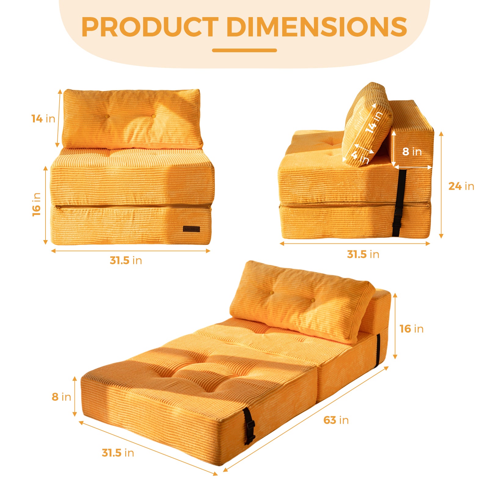 MAXYOYO Convertible Folding Sofa Bed with High Density Support Foam - Comfortable Sleeper Sofa for Small Spaces, Guest Room & Apartment Living - Orange Modern Futon for Living Room, Bedroom & Office
