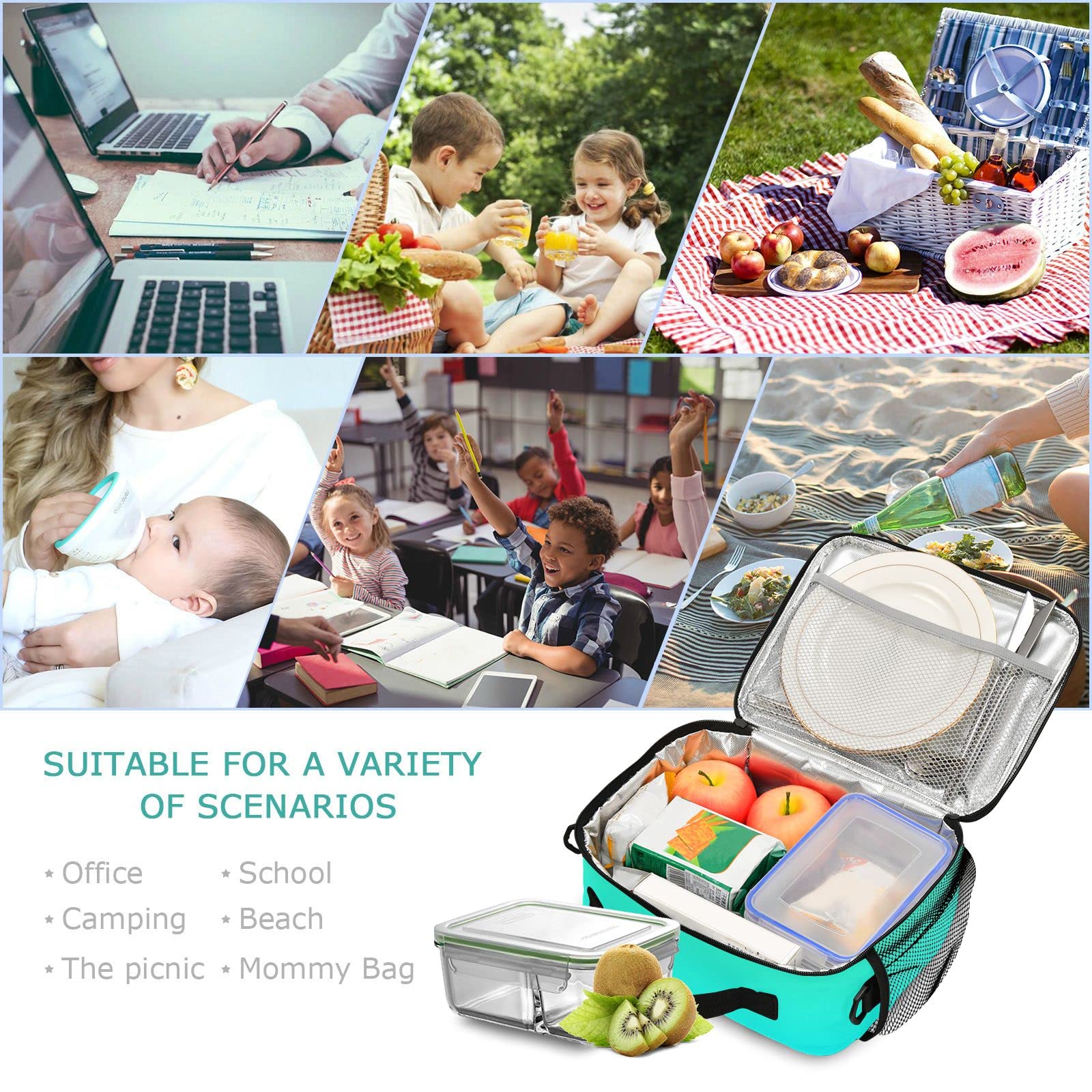 Yellow Turquoise Insulated Reusable Lunch Box for Kids - School Lunch Bag for Boys & Girls, Adults - Perfect for Work, Picnics & Outdoor Activities