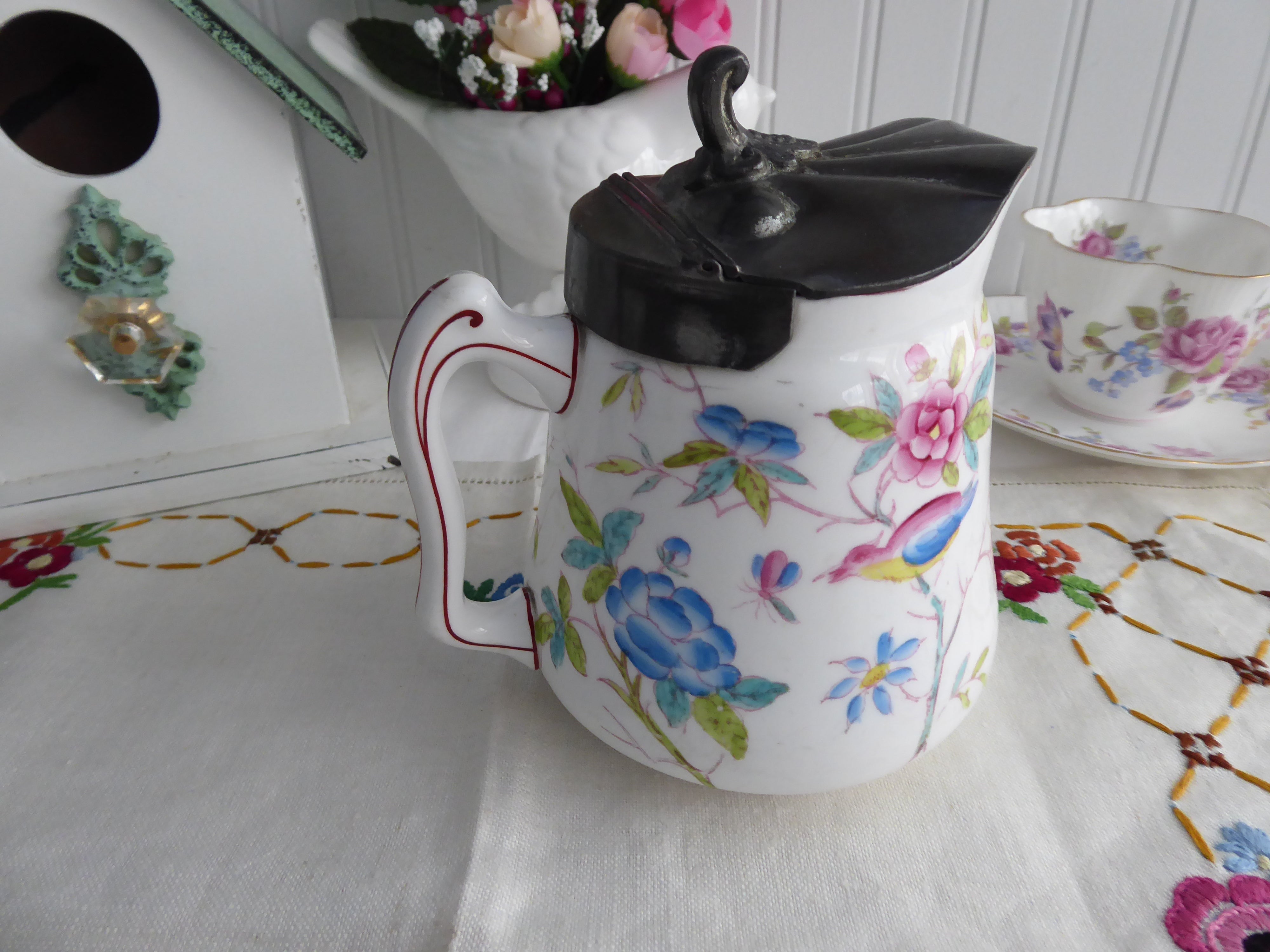 Antique English Aesthetic Movement Hot Water Jug with Pewter Lid - Victorian Floral Pitcher 1880s for Tea Service & Home Decor