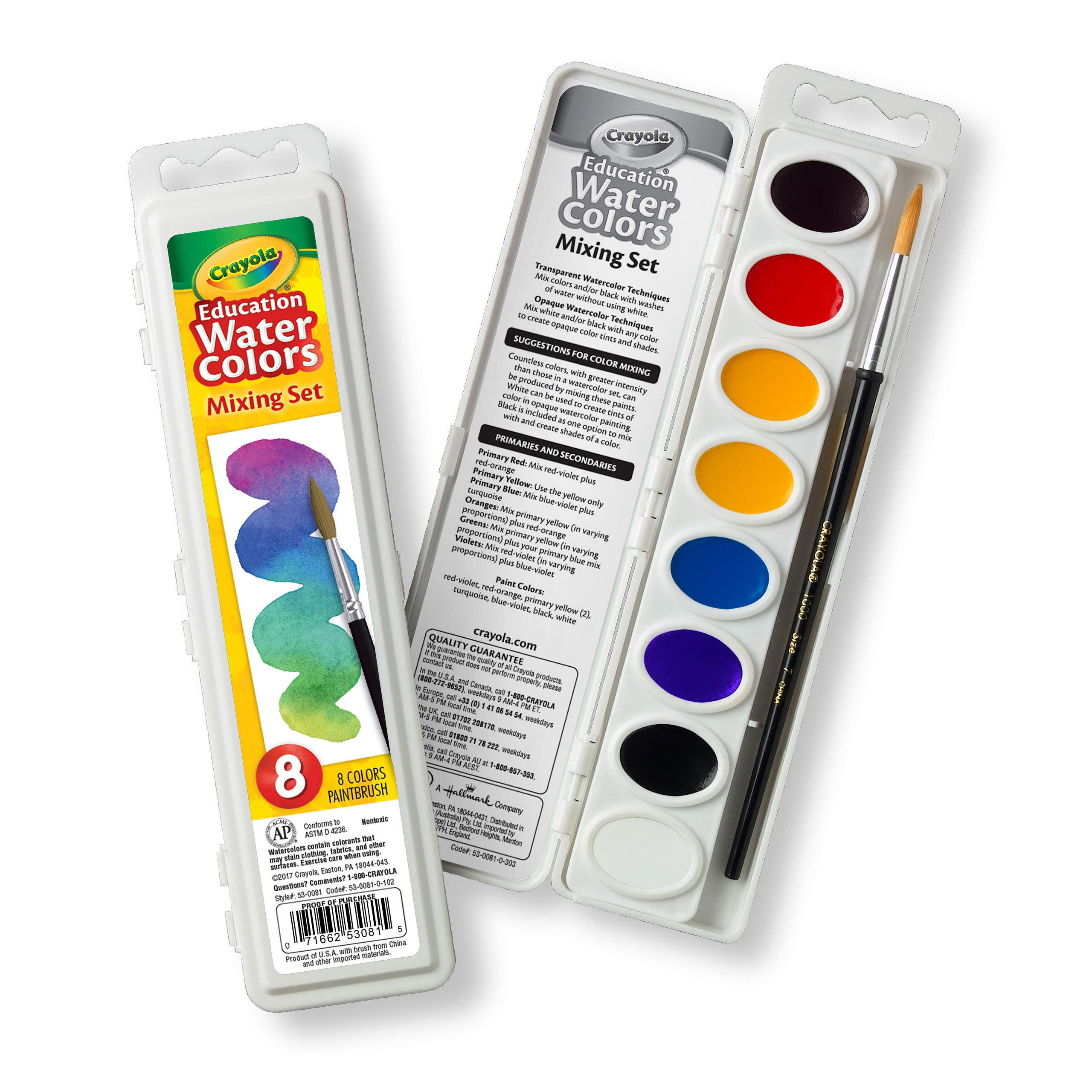 Crayola Watercolor Mixing Set with Taklon Paint Brush - 8 Vibrant Colors for Kids & Artists | Perfect for Classroom, Home Art Projects & DIY Crafts