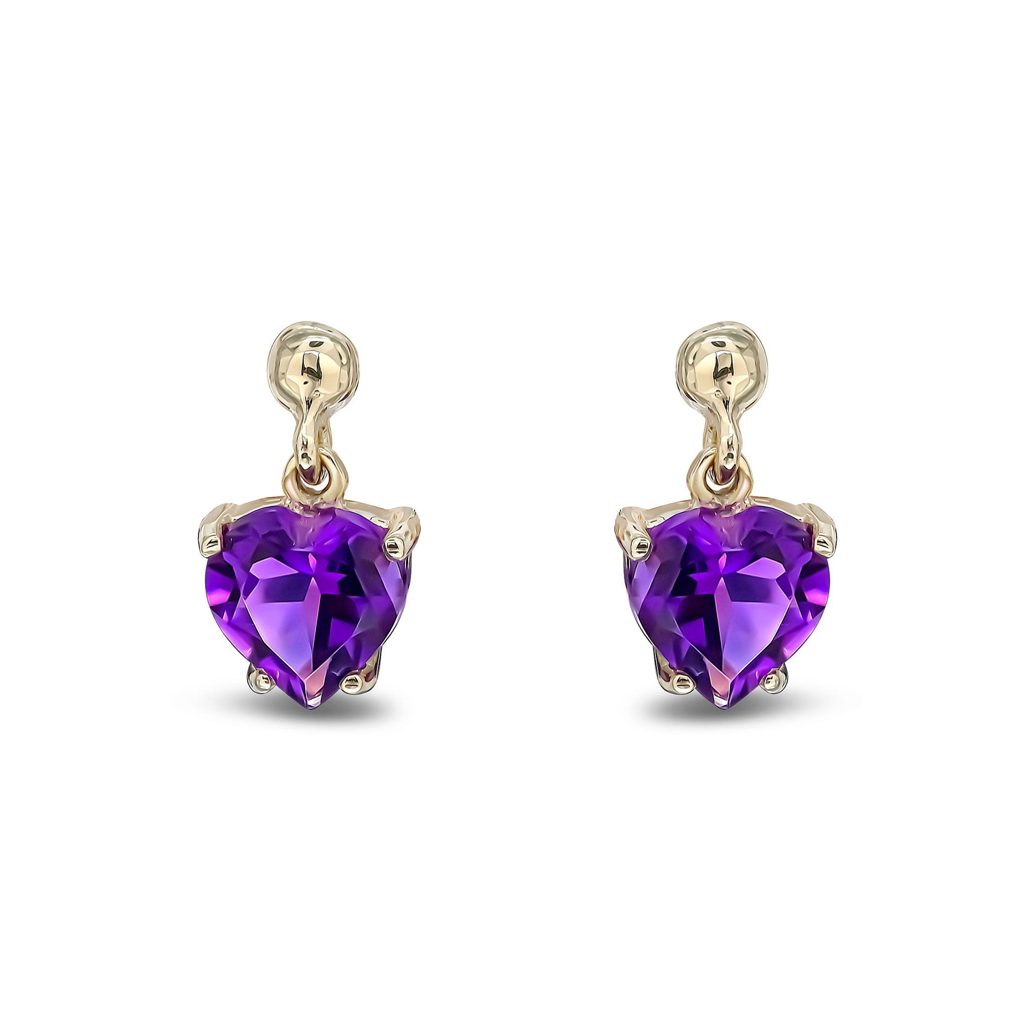 9ct Yellow Gold Amethyst Heart 4 Claw Drop Stud Earrings 6x6mm - Elegant Purple Gemstone Jewelry for Women, Perfect for Valentine's Day Gifts, Anniversary & Special Occasions