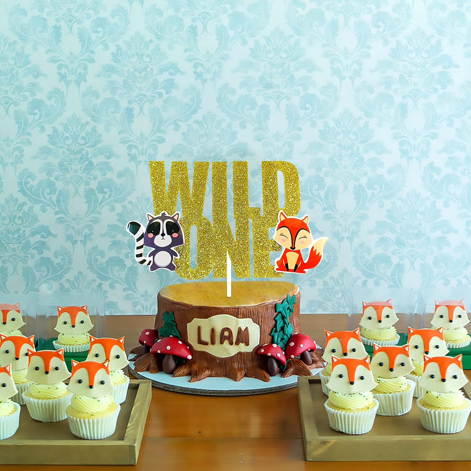 LaVenty Glitter Woodland Animals Cake Topper Set - Fox, Deer & Hedgehog - Wild One First Birthday Party Decorations - Perfect for Baby Shower, Gender Reveal & Forest Theme Cakes